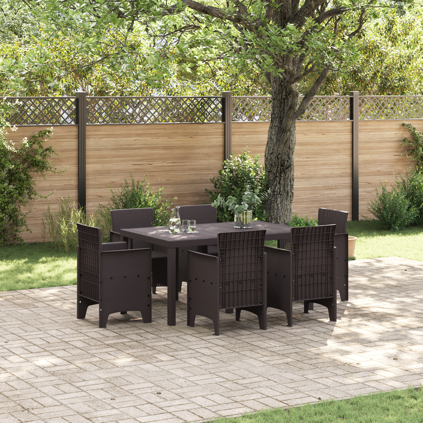 7 Piece Garden Dining Set Brown Poly Rattan
