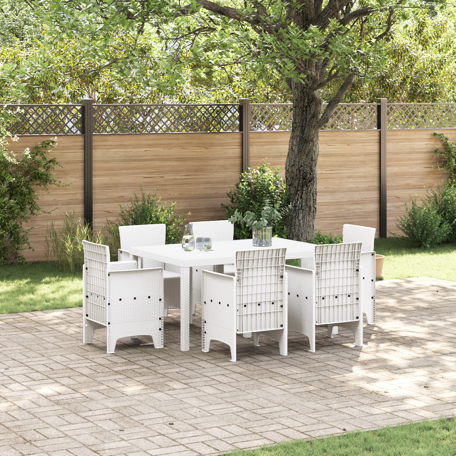 7 Piece Garden Dining Set White Poly Rattan
