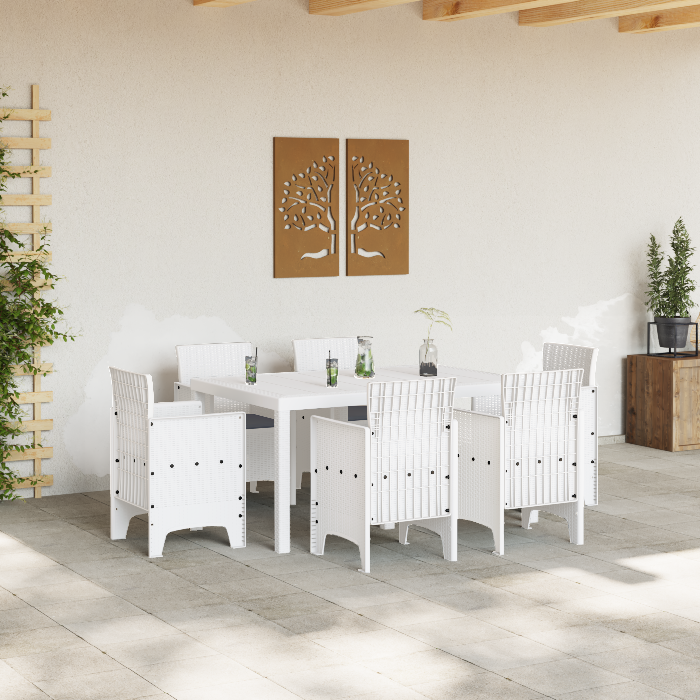 7 Piece Garden Dining Set with Cushions White Poly Rattan - Image 3