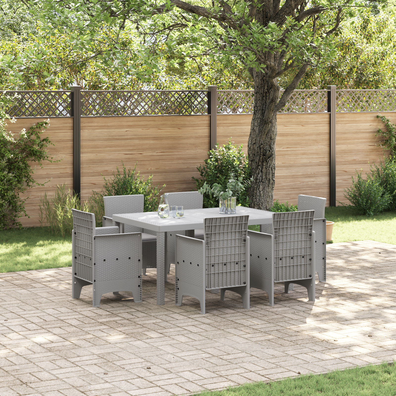 7 Piece Garden Dining Set with Cushions Light Grey Poly Rattan