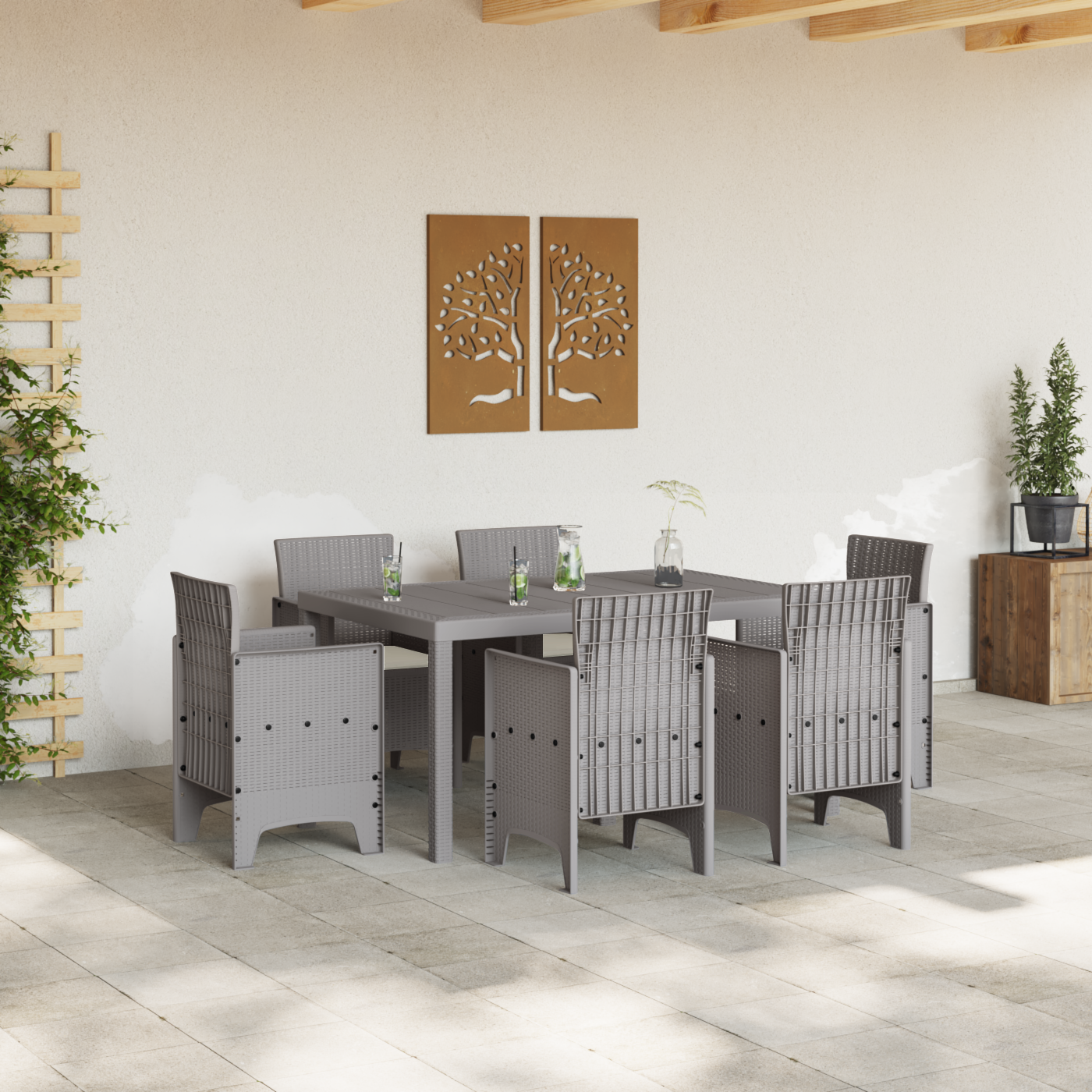 7 Piece Garden Dining Set with Cushions Light Grey Poly Rattan - Image 3