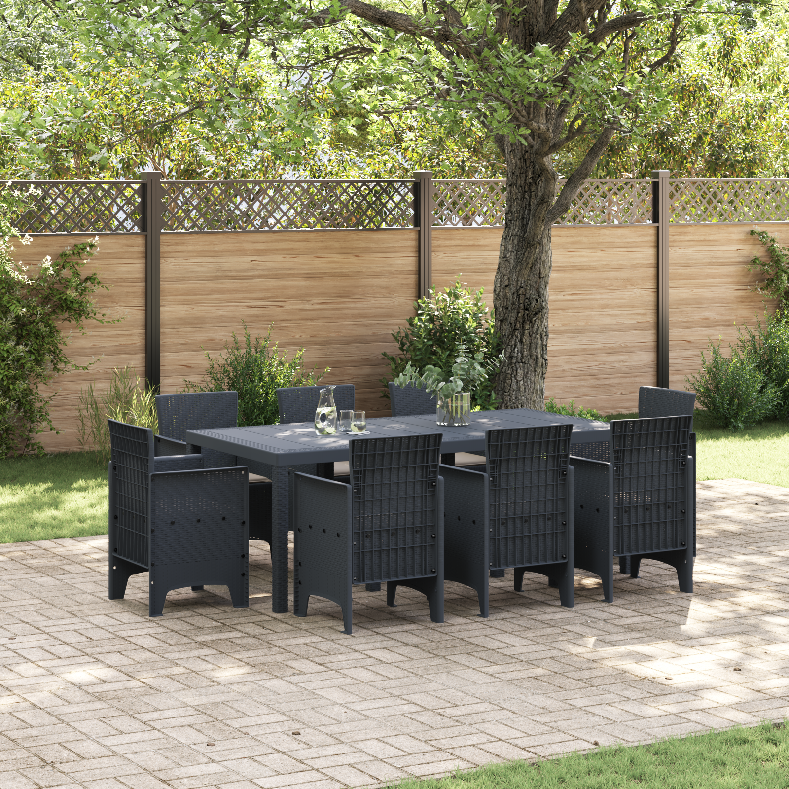 9 Piece Garden Dining Set with Cushions Anthracite Poly Rattan