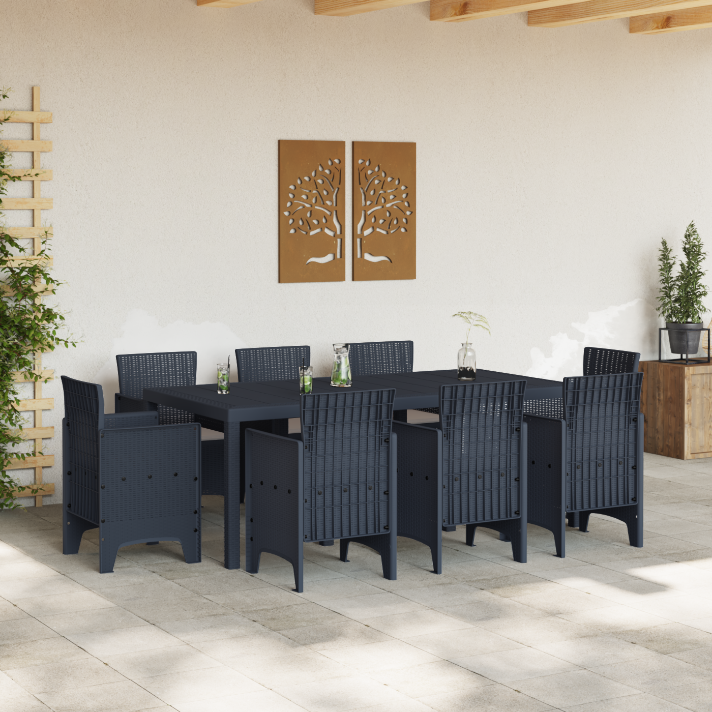 9 Piece Garden Dining Set with Cushions Anthracite Poly Rattan - Image 3