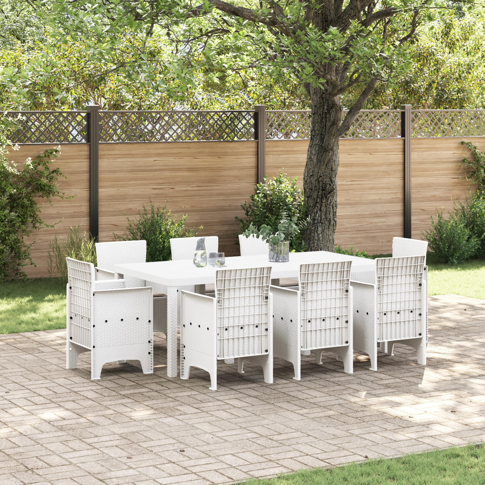 9 Piece Garden Dining Set with Cushions, White Poly Rattan
