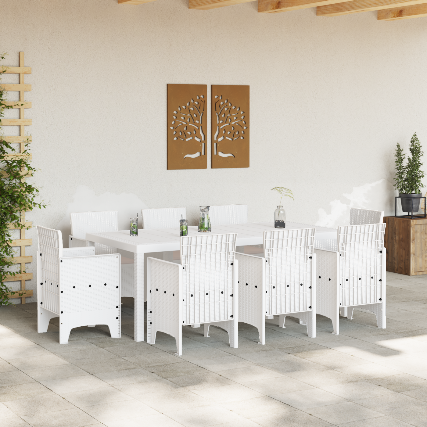 9 Piece Garden Dining Set with Cushions, White Poly Rattan - Image 3