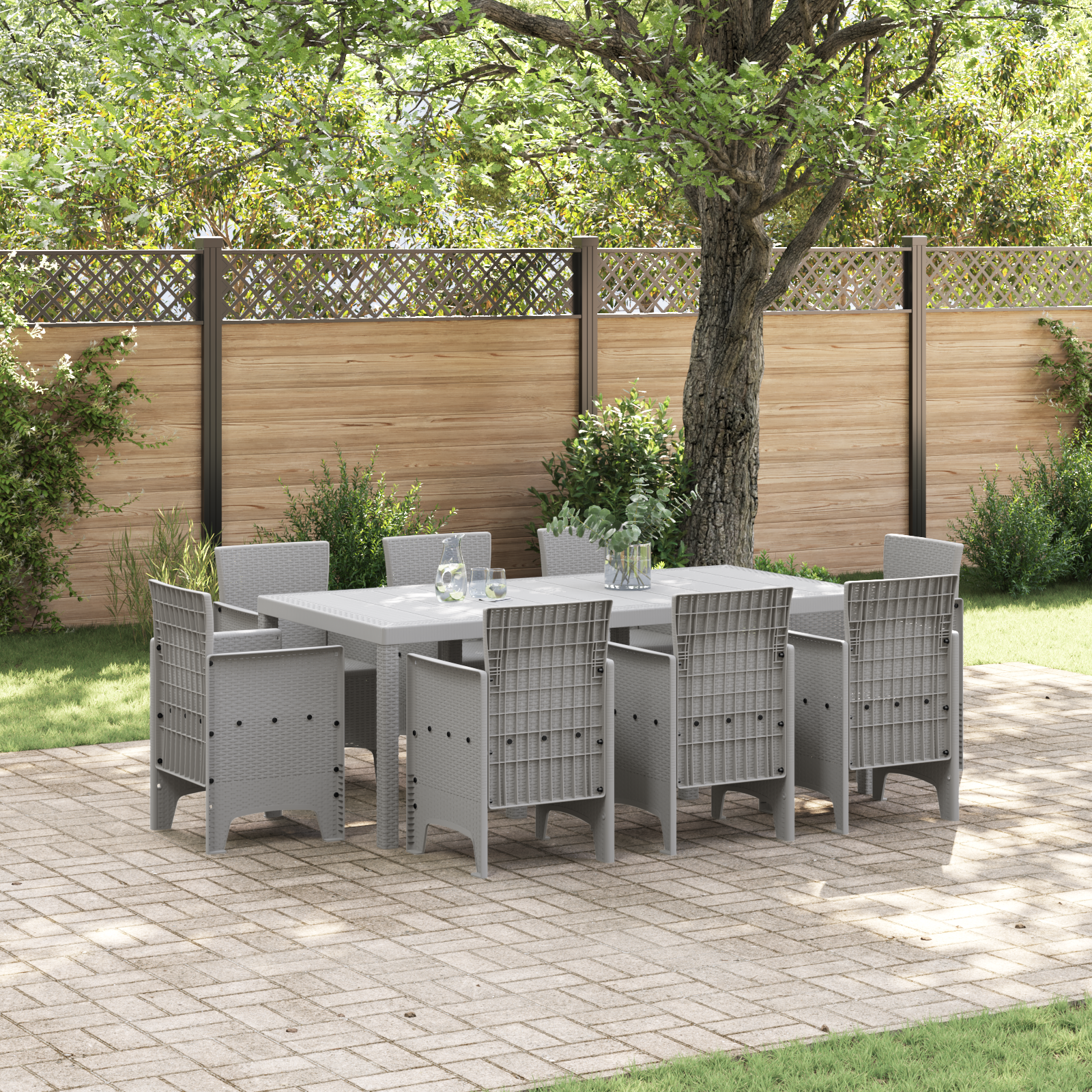 9 Piece Garden Dining Set Light Grey Poly Rattan