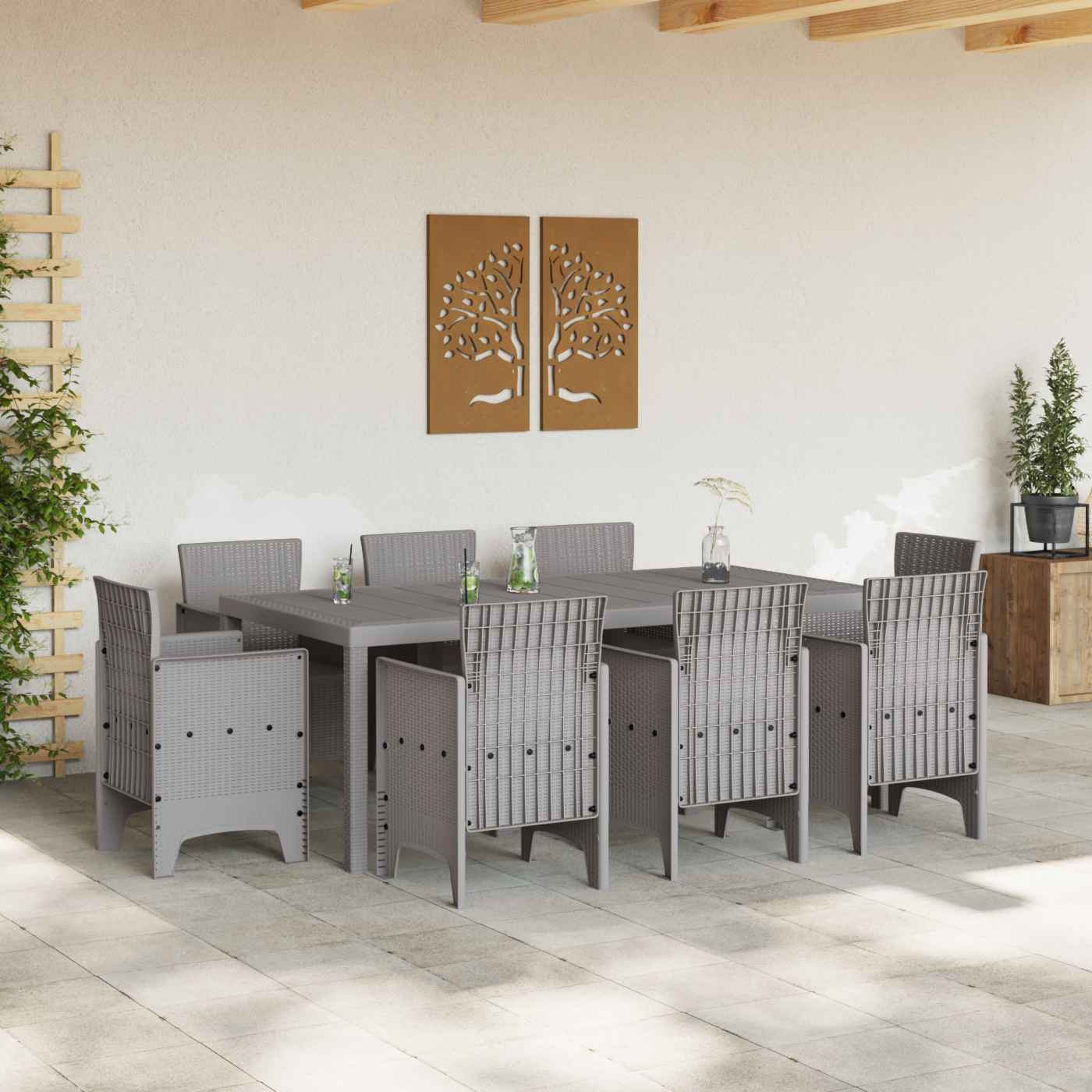 9 Piece Garden Dining Set Light Grey Poly Rattan - Image 3