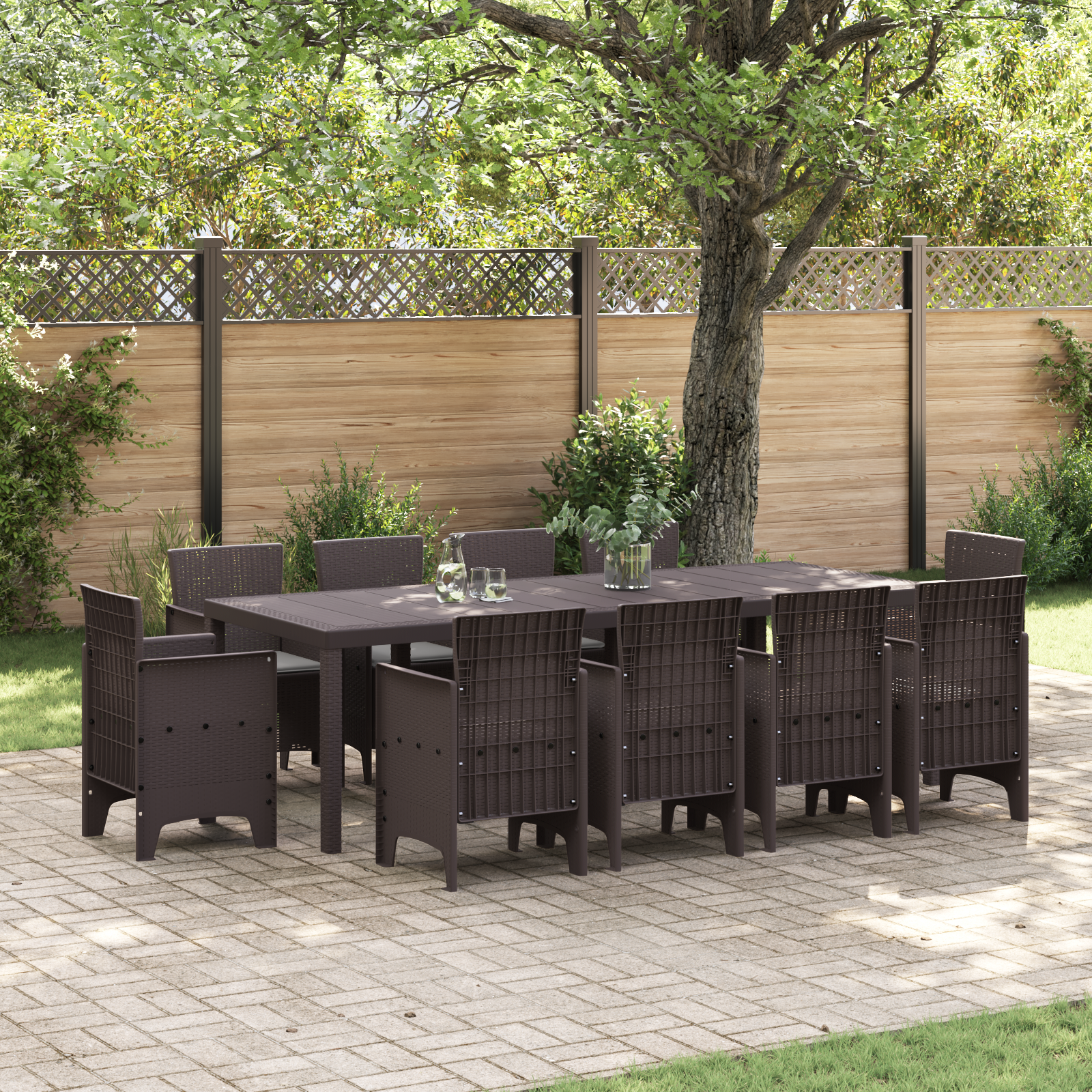 11 Piece Garden Dining Set with Cushions Brown Poly Rattan
