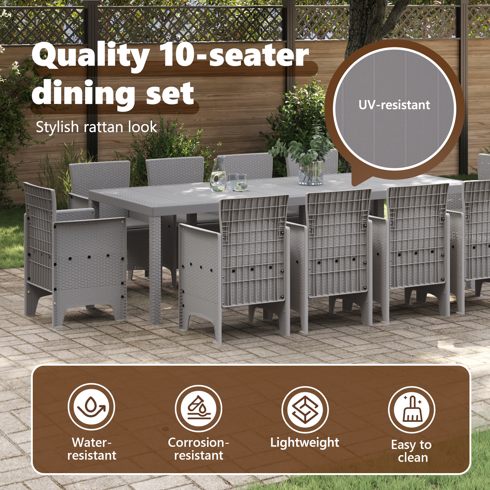 11 Piece Garden Dining Set with Cushions Light Grey Poly Rattan - Image 7