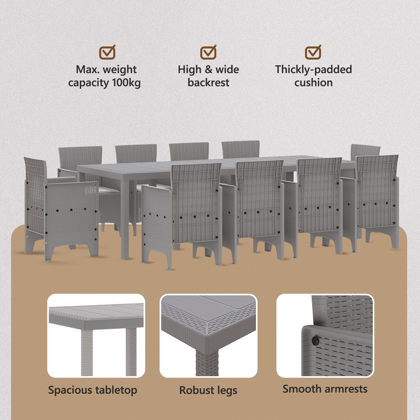 11 Piece Garden Dining Set with Cushions Light Grey Poly Rattan - Image 8