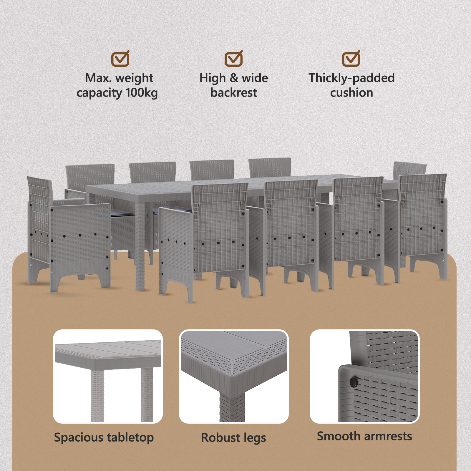 11 частен градински трапезен комплект с възглавници светлосив полиратан - Image 9