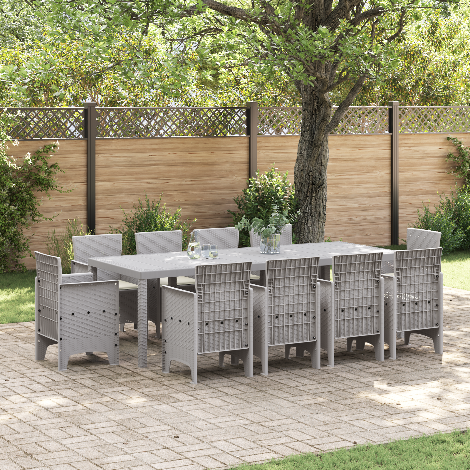 11 Piece Garden Dining Set with Cushions Light Grey Poly Rattan