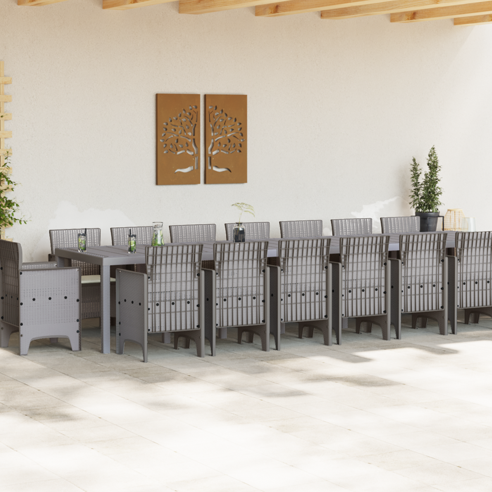 Градински трапезен комплект vidaXL с възглавници Светлосив полиратан - Image 3