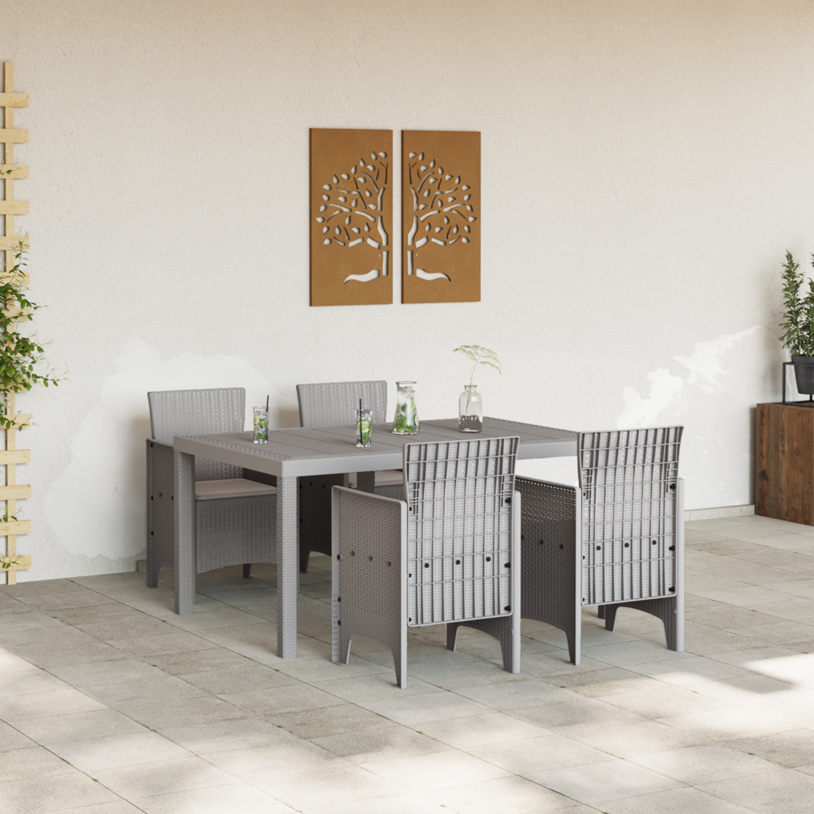 5 Piece Garden Dining Set with Cushions Light Grey Poly Rattan - Image 3