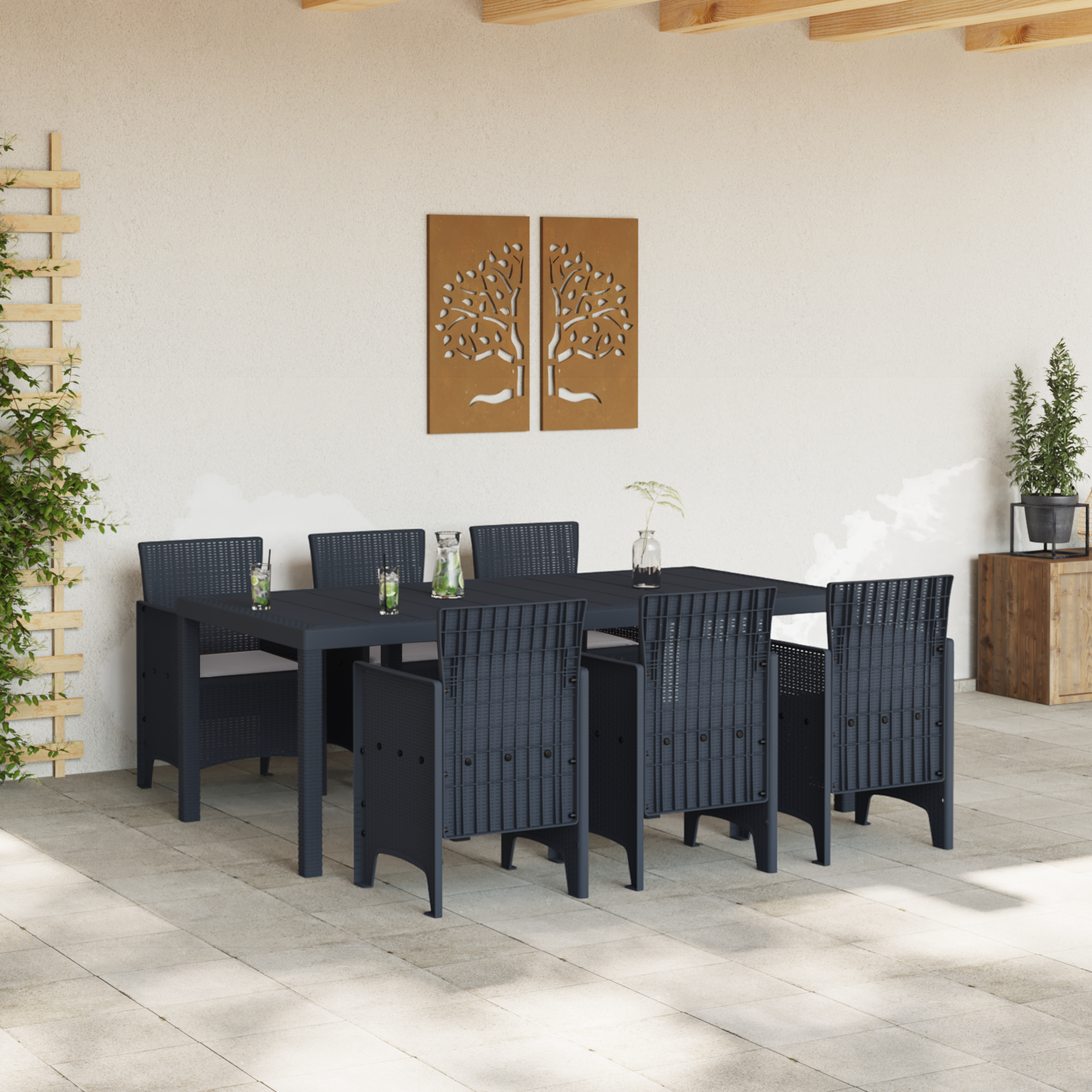 7 Piece Garden Dining Set with Cushions Anthracite Poly Rattan - Image 3