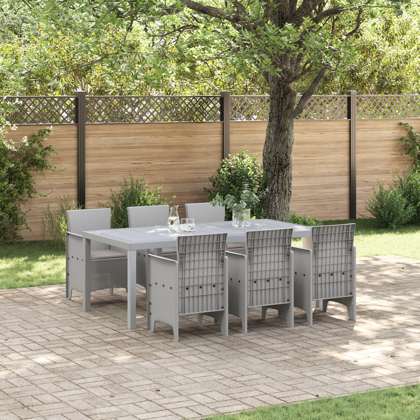 7 Piece Garden Dining Set with Cushions Light Grey Poly Rattan