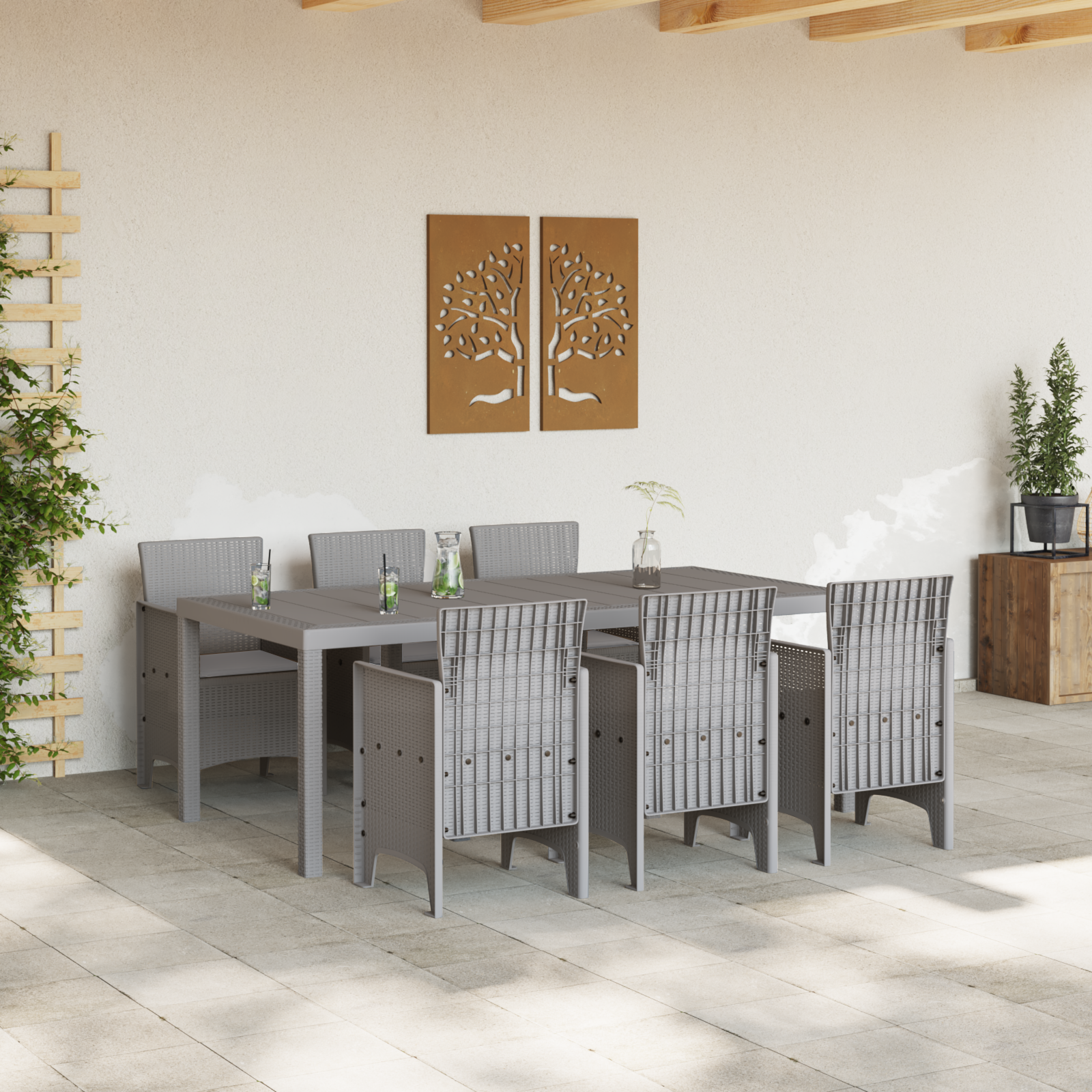 7 Piece Garden Dining Set with Cushions Light Grey Poly Rattan - Image 3
