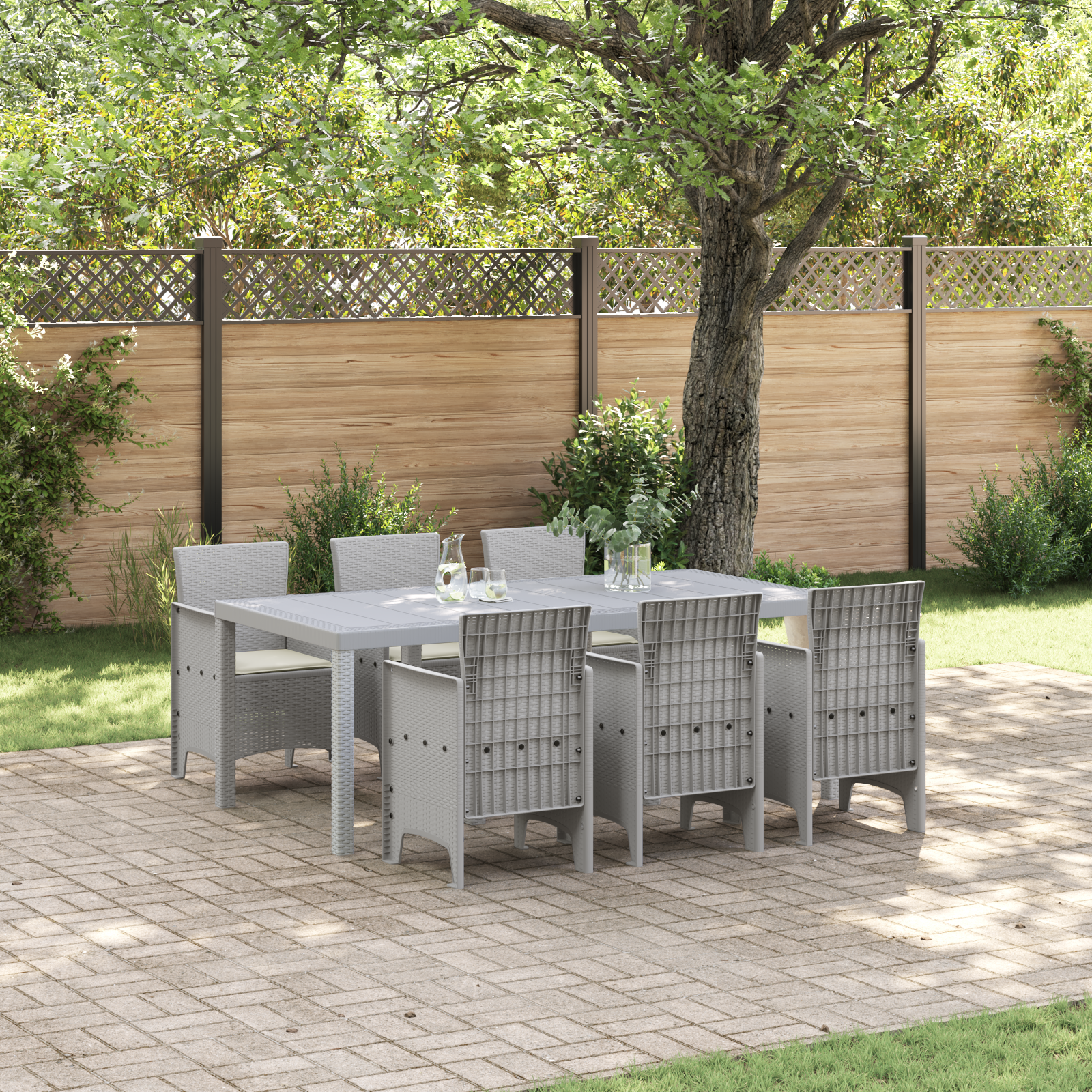 7 Piece Garden Dining Set with Cushions Light Grey Poly Rattan