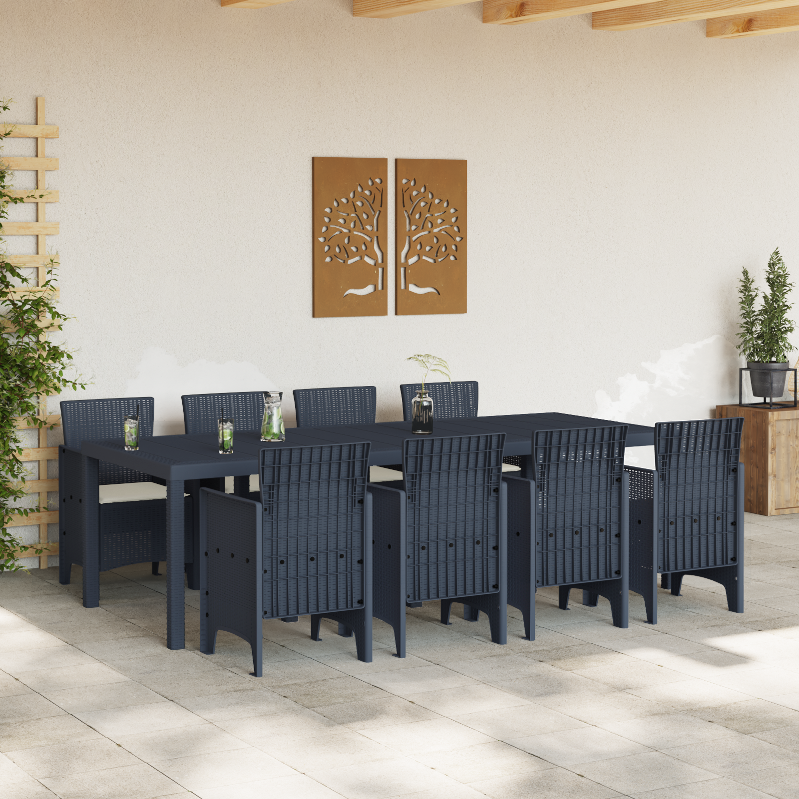 9 Piece Garden Dining Set with Cushions Anthracite Poly Rattan - Image 3