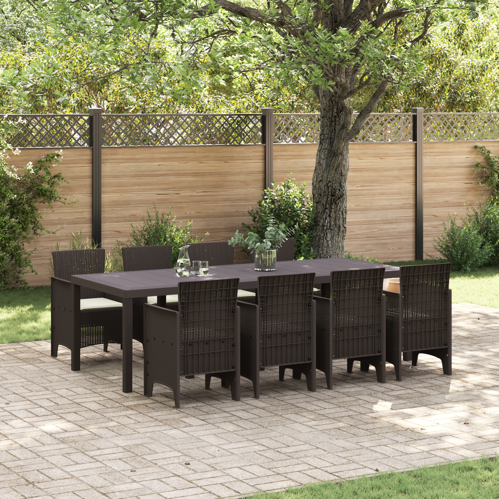 9 Piece Garden Dining Set with Cushions Brown Poly Rattan