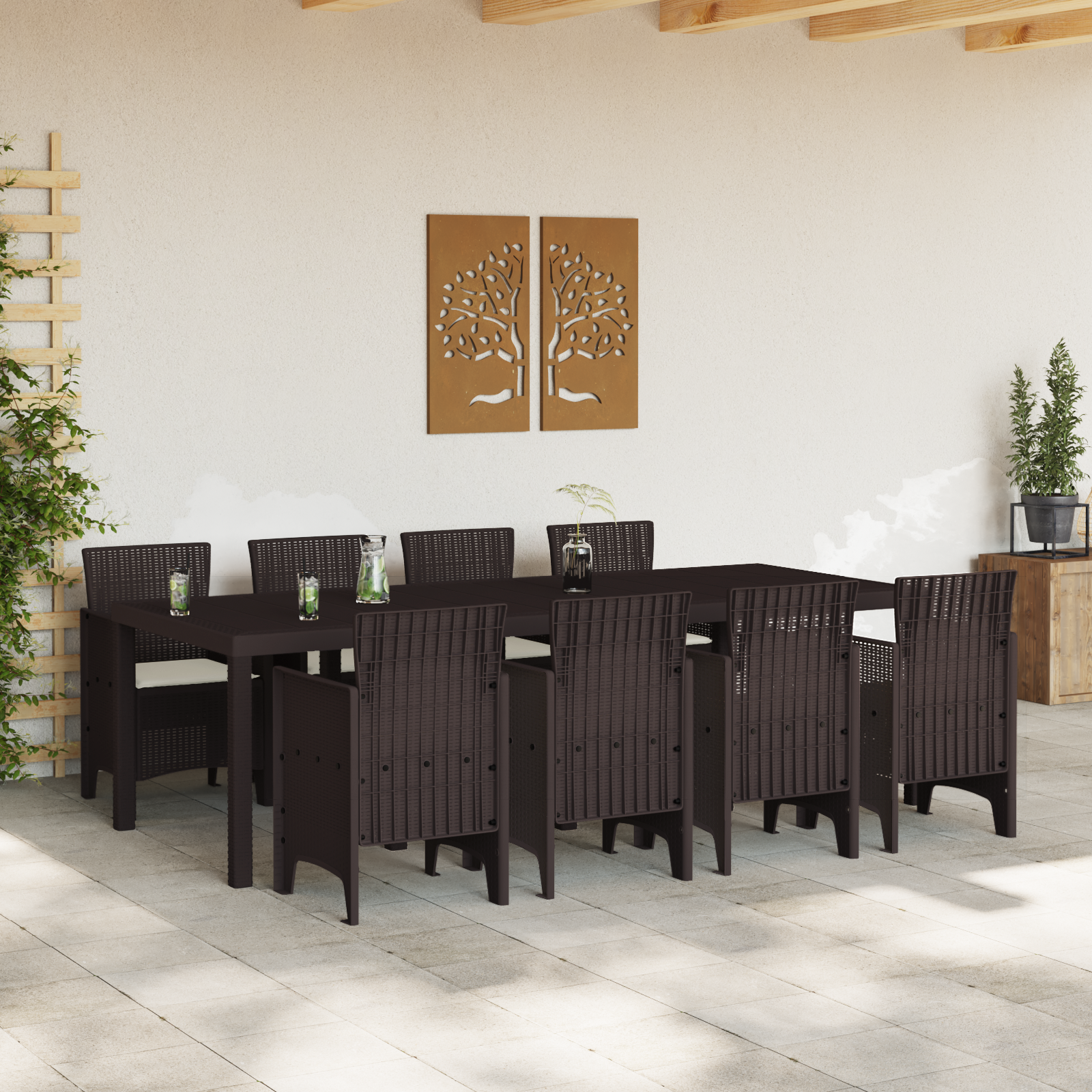 9 Piece Garden Dining Set with Cushions Brown Poly Rattan - Image 3