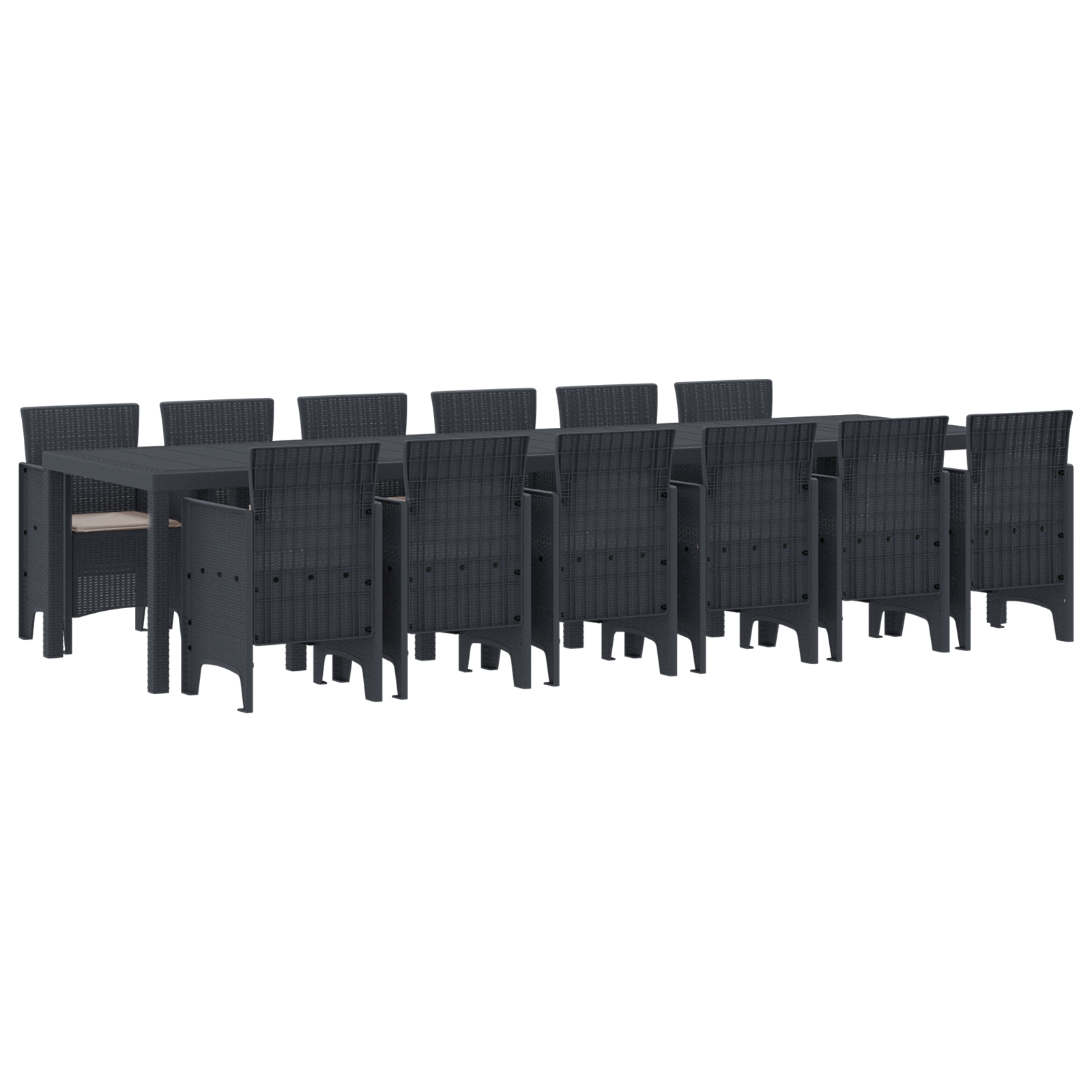 Градински трапезен комплект vidaXL от 13 части с възглавници антрацитен полиратан, Градинска маса vidaXL антрацит 200x100x73 см полиратан, Градинска маса vidaXL антрацит 150x100x73 см полиратан, Градински столове vidaXL с възглавници 4 бр. антрацит полиратан - Image 2