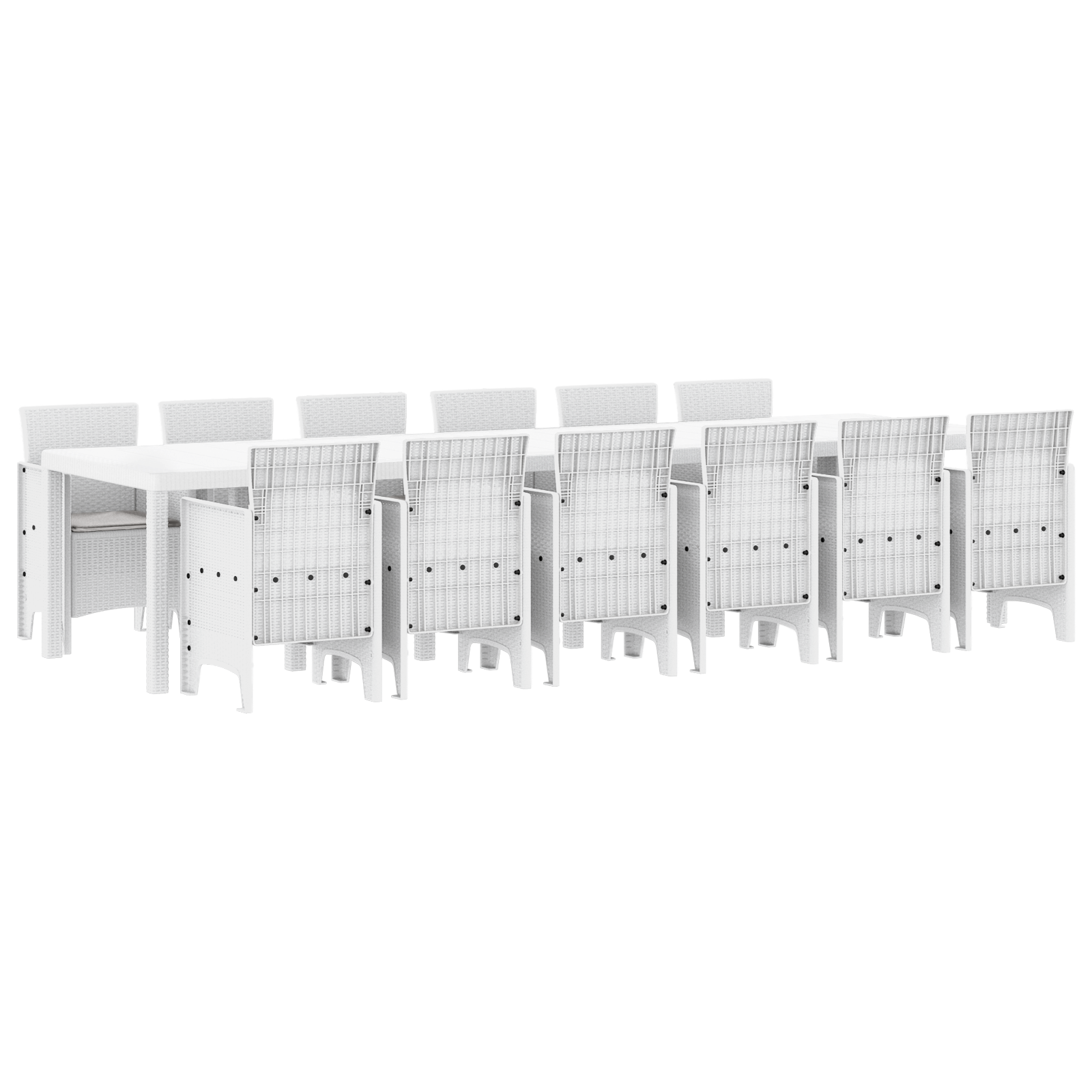 13 Частен градински трапезен комплект с възглавници Бял Полиратан, vidaXL Градинска маса Бяла 200x100x73 см Полиратан, vidaXL Градинска маса Бяла 150x100x73 см Полиратан, vidaXL Градински столове с възглавници 4 бр. Бял Полиратан - Image 2