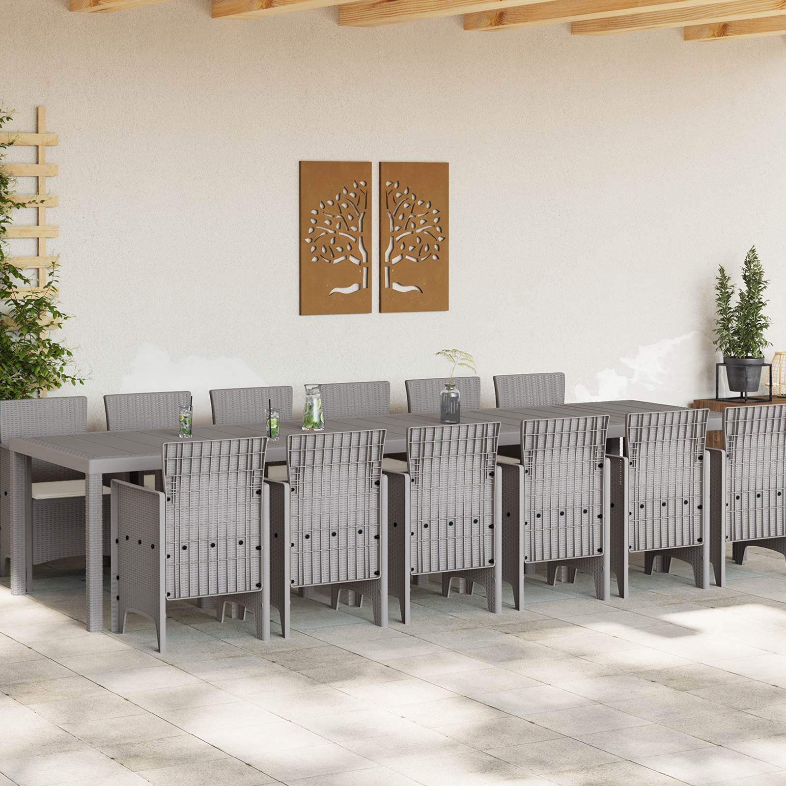 13 Piece Garden Dining Set with Cushions Light Grey Poly Rattan - Image 3