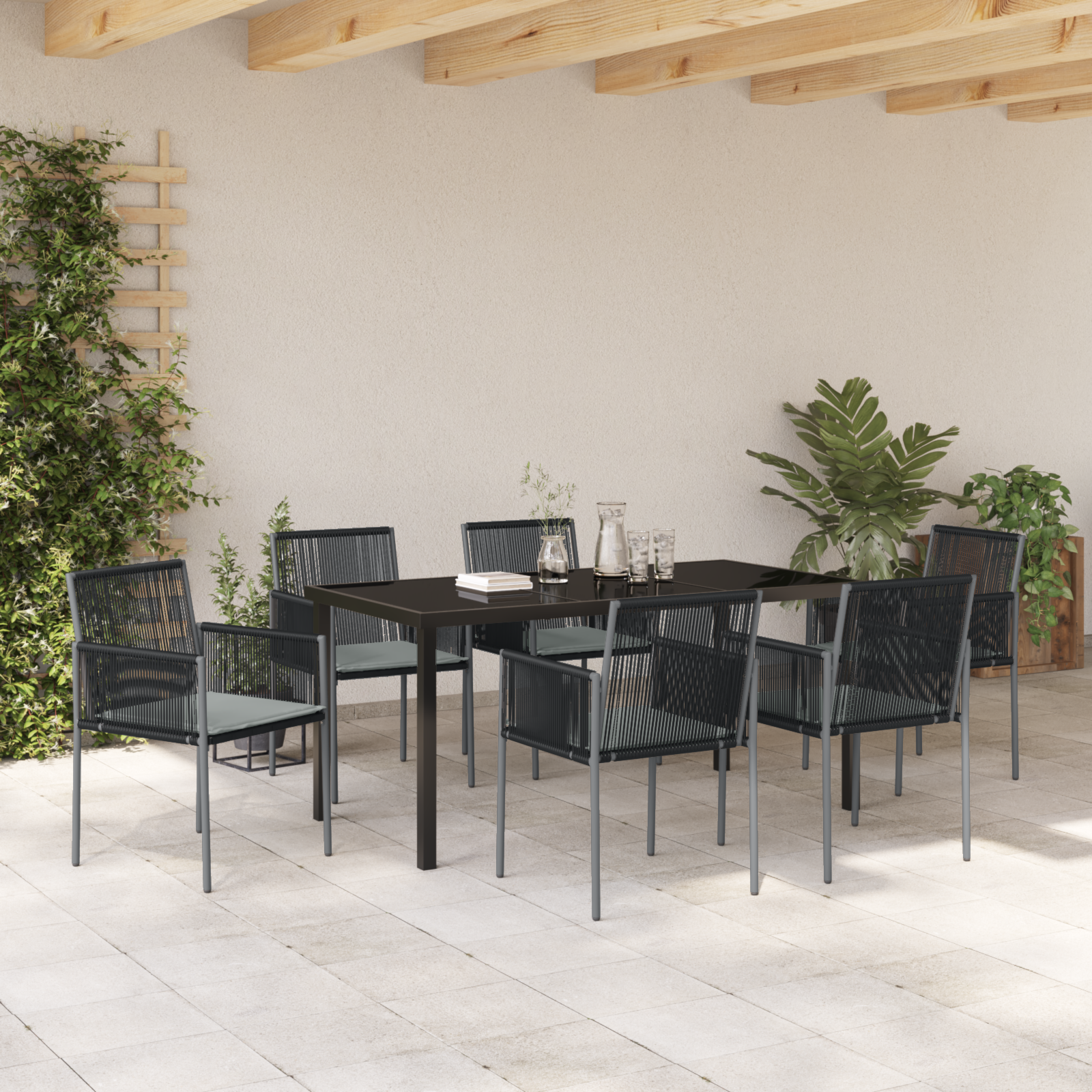 Комплект от 4 Черен, Светлосив PE рътан, пяна, текстил - Image 4