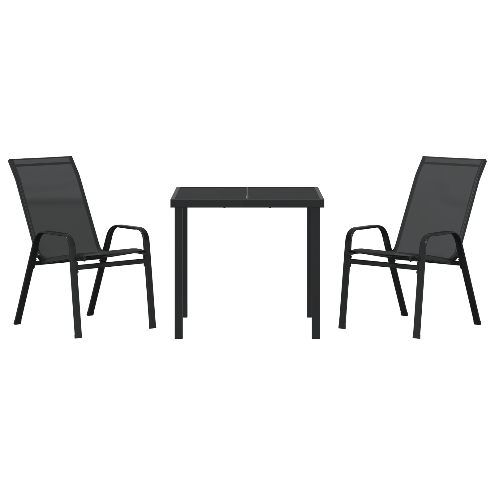 Комплект за градина vidaXL 3 части Черна текстилена и стомана, Градинска маса vidaXL Черна 80x80x73 см Темперирано стъкло - Image 7