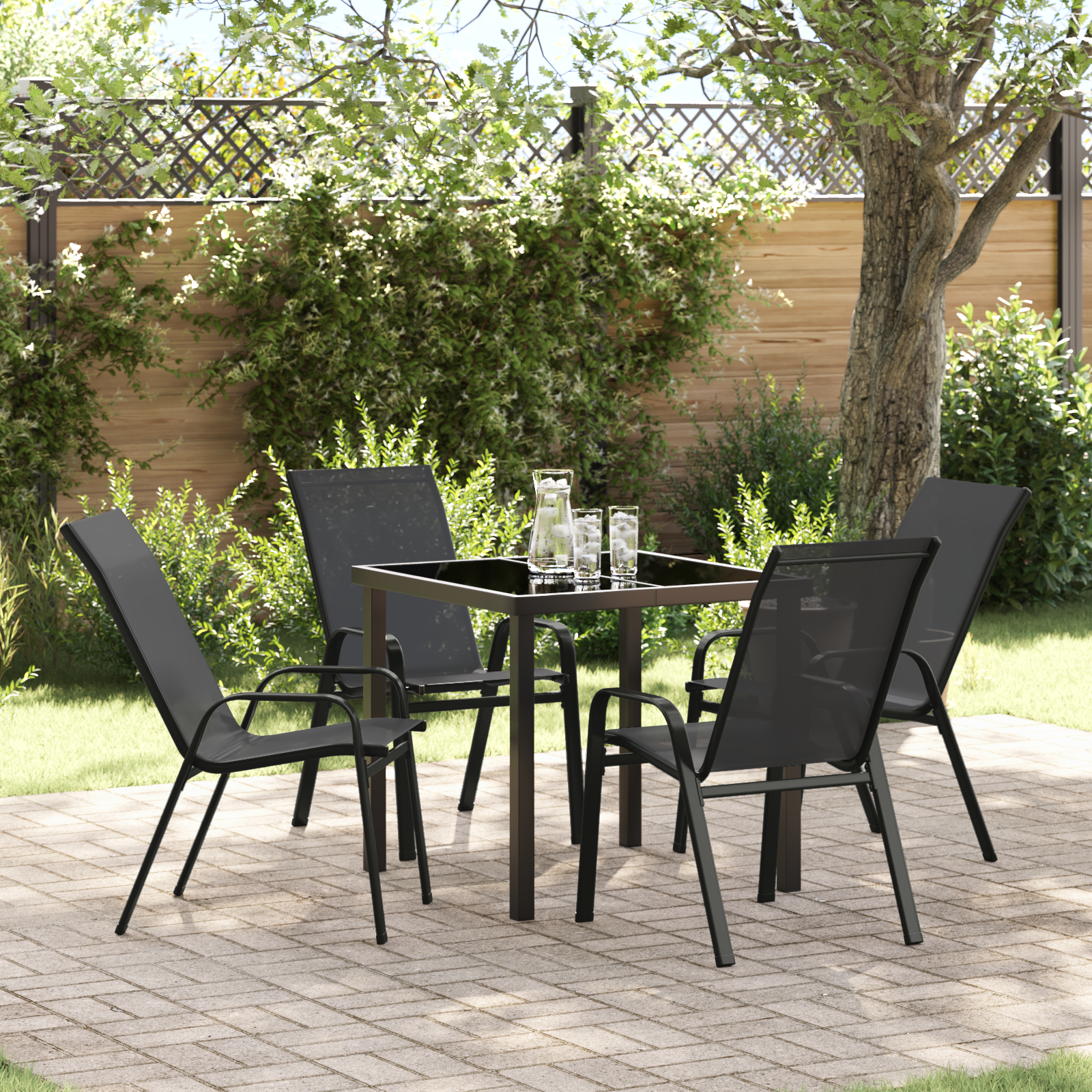 5 Piece Garden Dining Set Black Textilene and Steel