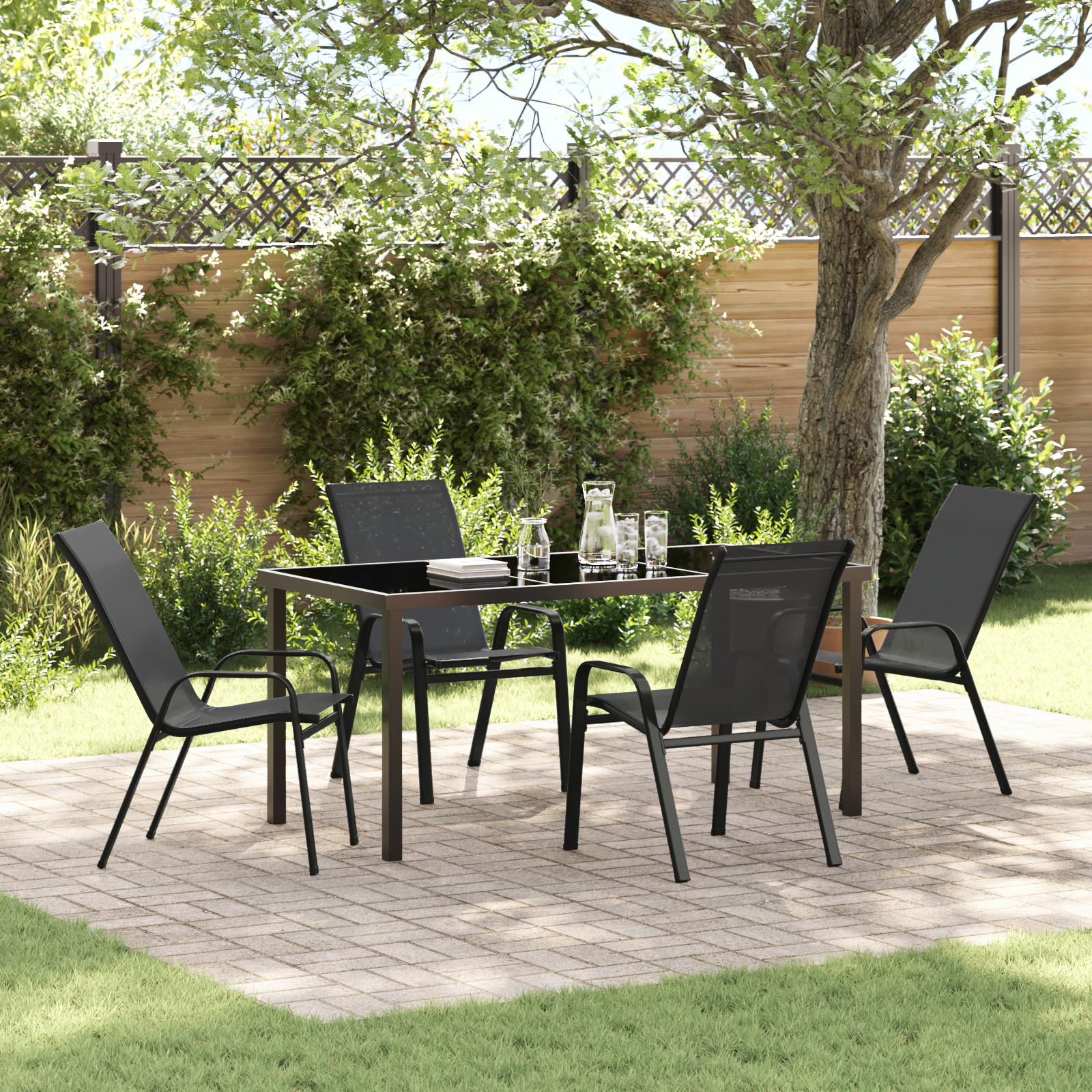 5 Piece Garden Dining Set Black Textilene and Steel
