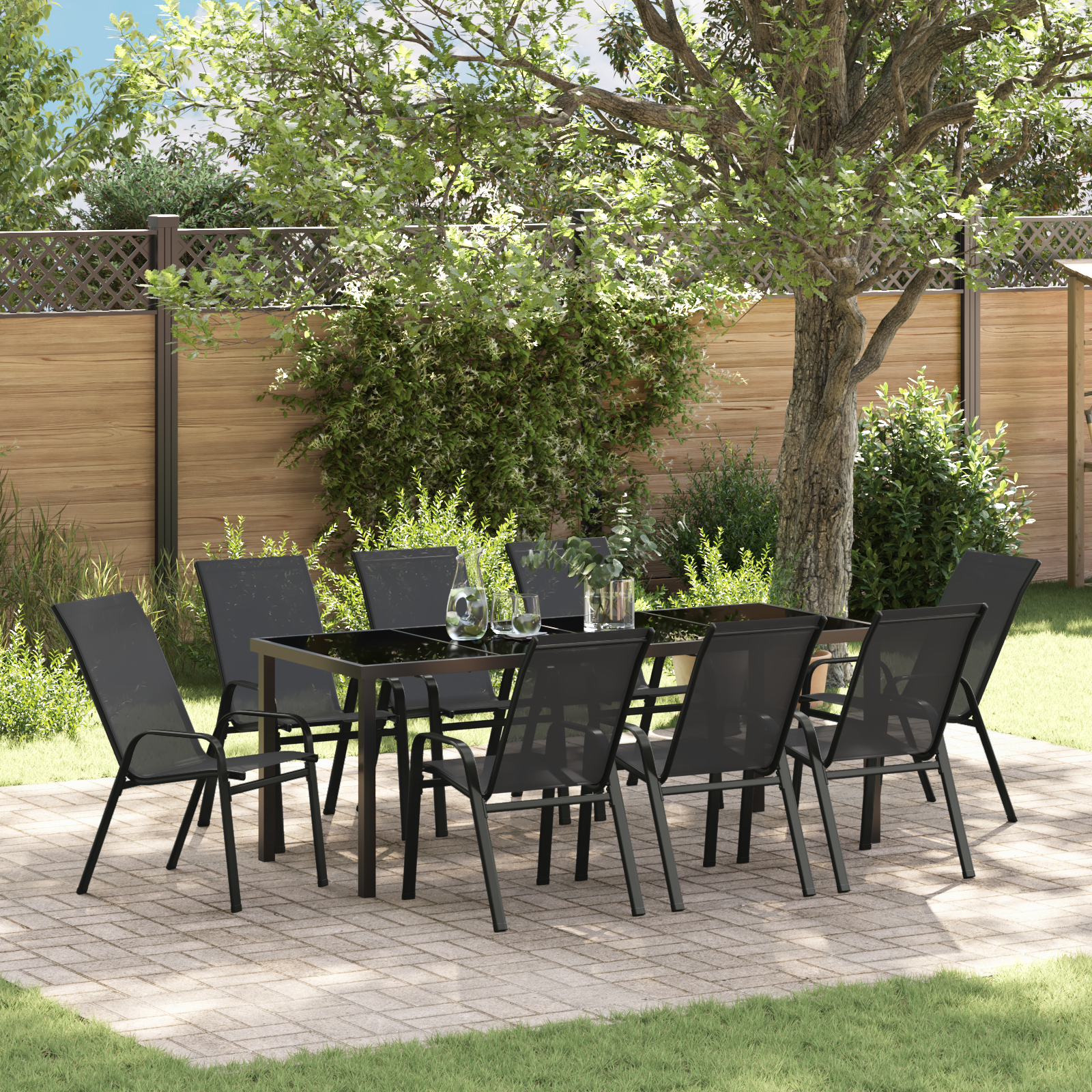 Set de dining pentru grădină  cu 9 piese Negru și Textilenă, Masă de grădină  Neagră 200x80x73 cm cu Sticlă Mobilier relaxare exterior - Set de dining pentru grădină  cu 9 piese Negru și Textilenă, Masă de grădină  Neagră 200x80x73 cm cu Sticlă