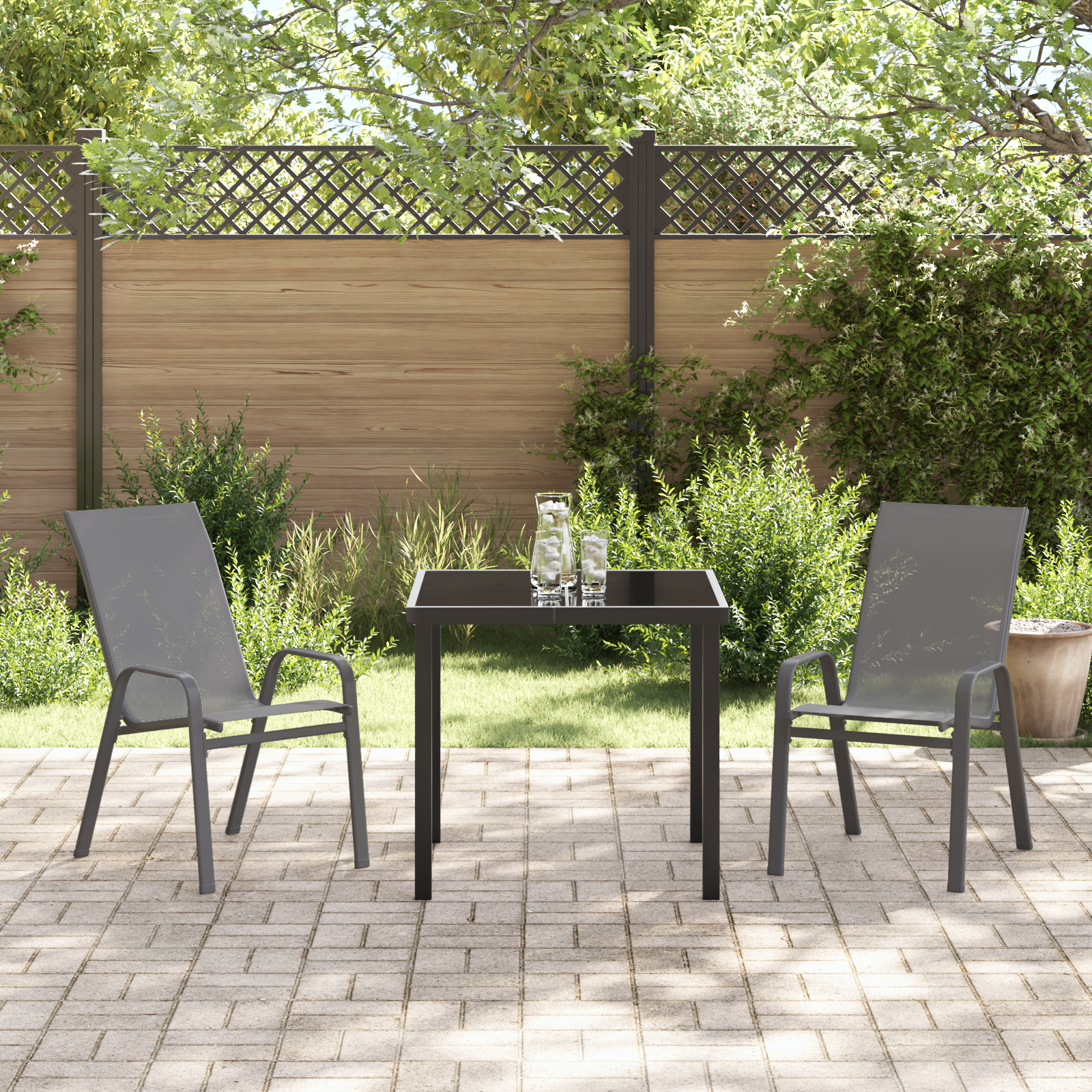 3-частен градински комплект за хранене с сива стомана, vidaXL Градинска маса черна 80x80x73 см закалено стъкло - Image 4