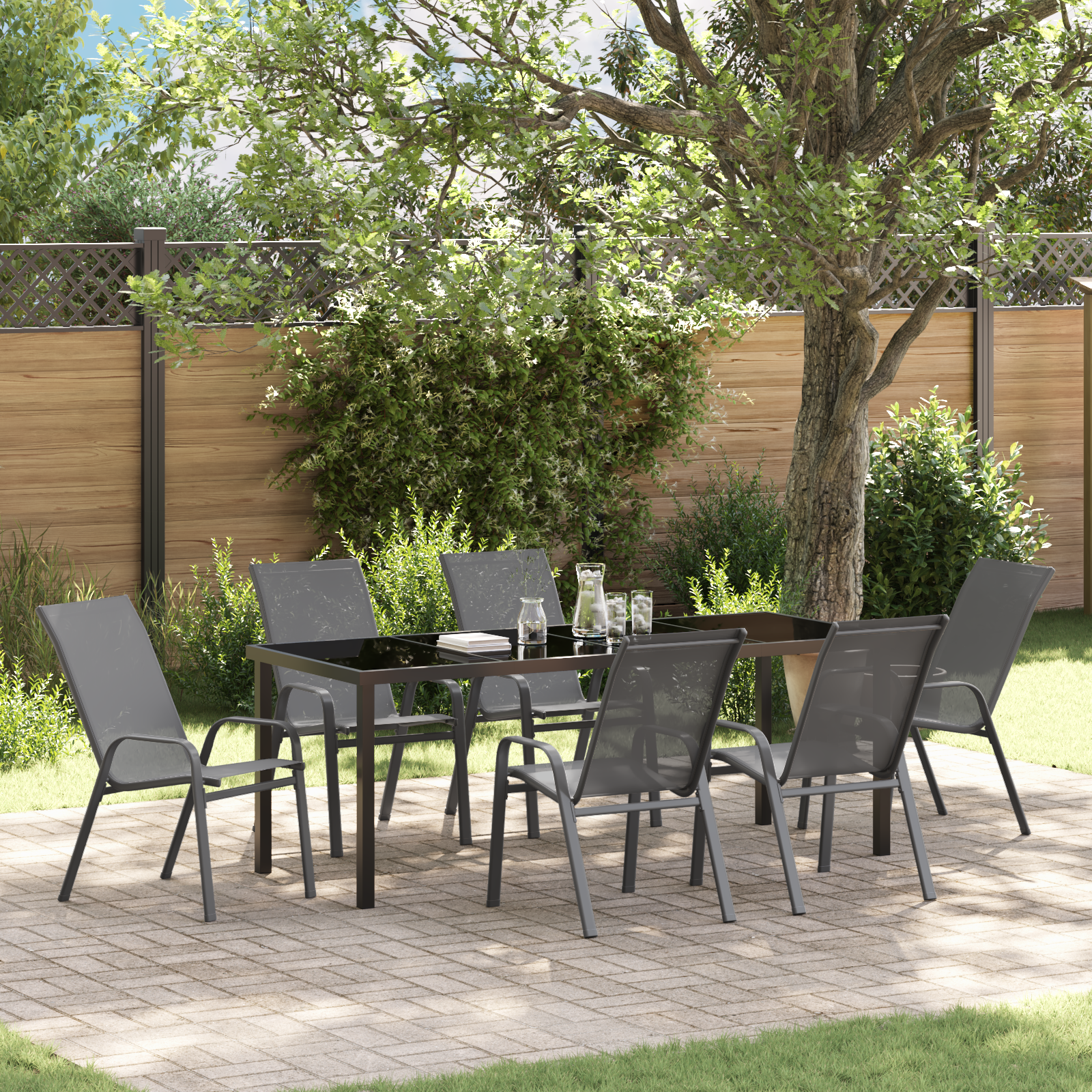 Set de Dining pentru Grădină  cu 7 Piese Gri Textilenă și Oțel, Masă de Grădină  Neagră 200x80x73 cm din Sticlă Securizată Mobilier relaxare exterior - Set de Dining pentru Grădină  cu 7 Piese Gri Textilenă și Oțel, Masă de Grădină  Neagră 200x80x73 cm din Sticlă Securizată