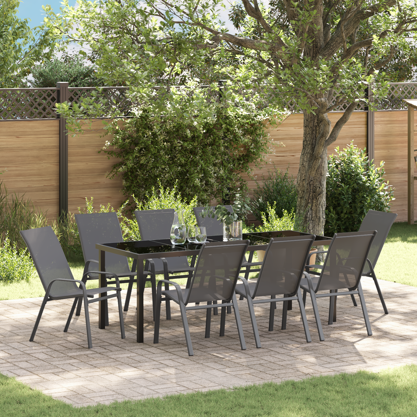 9 части комплект за градинска трапезария Сив текстилен и стомана