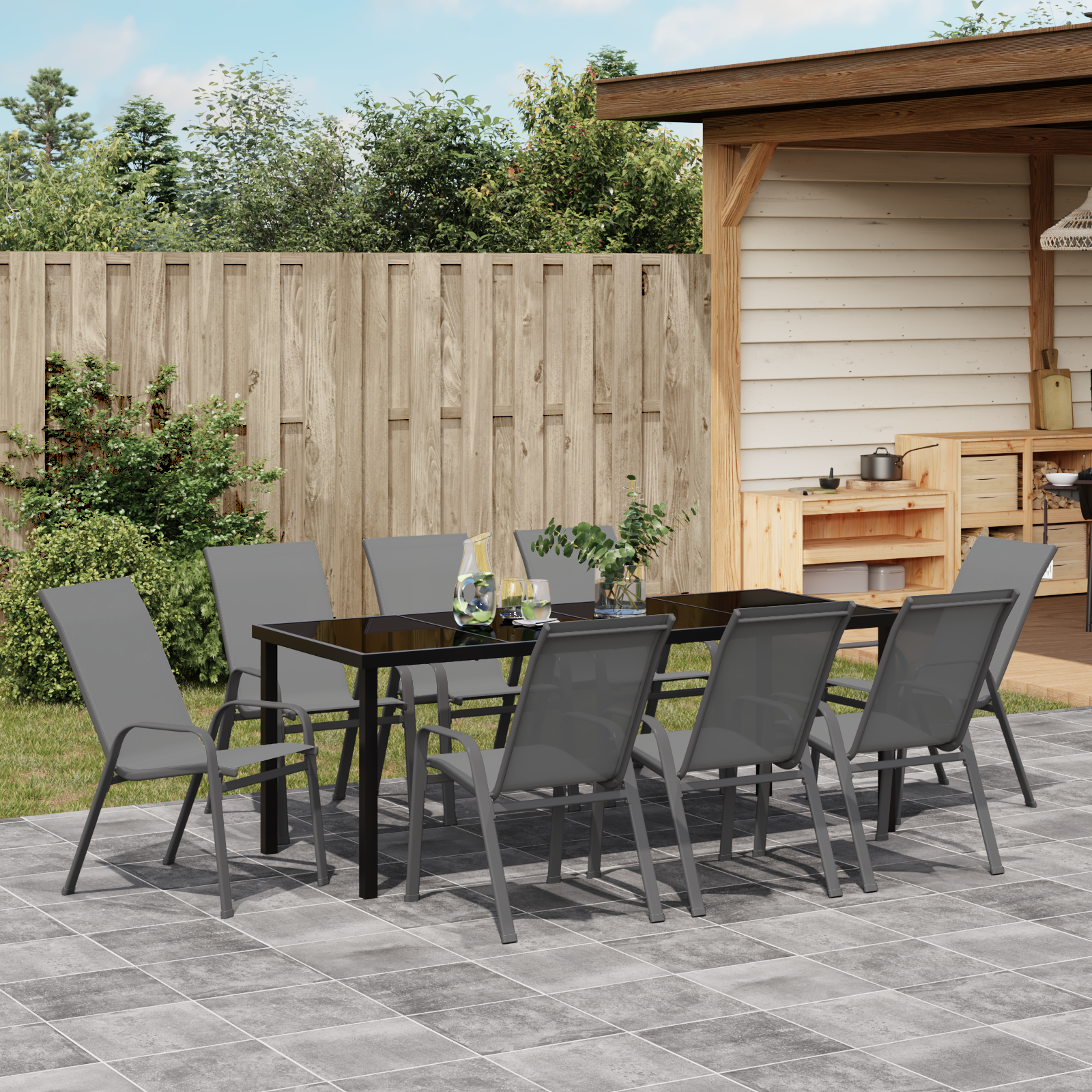 9 части комплект за градинска трапезария Сив текстилен и стомана - Image 4