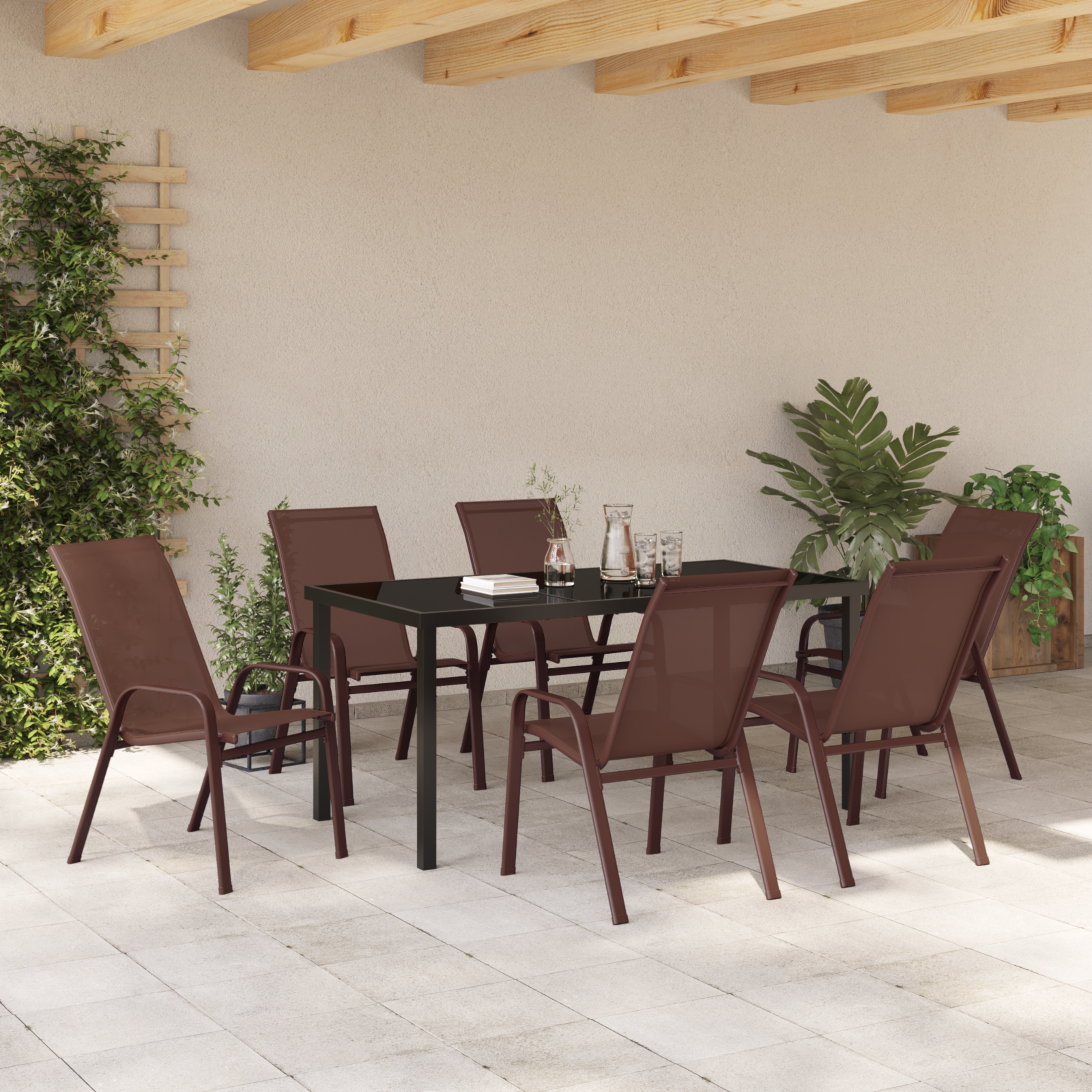 7-местен градински трапезен комплект кафяв текстилен и стоманен - Image 4