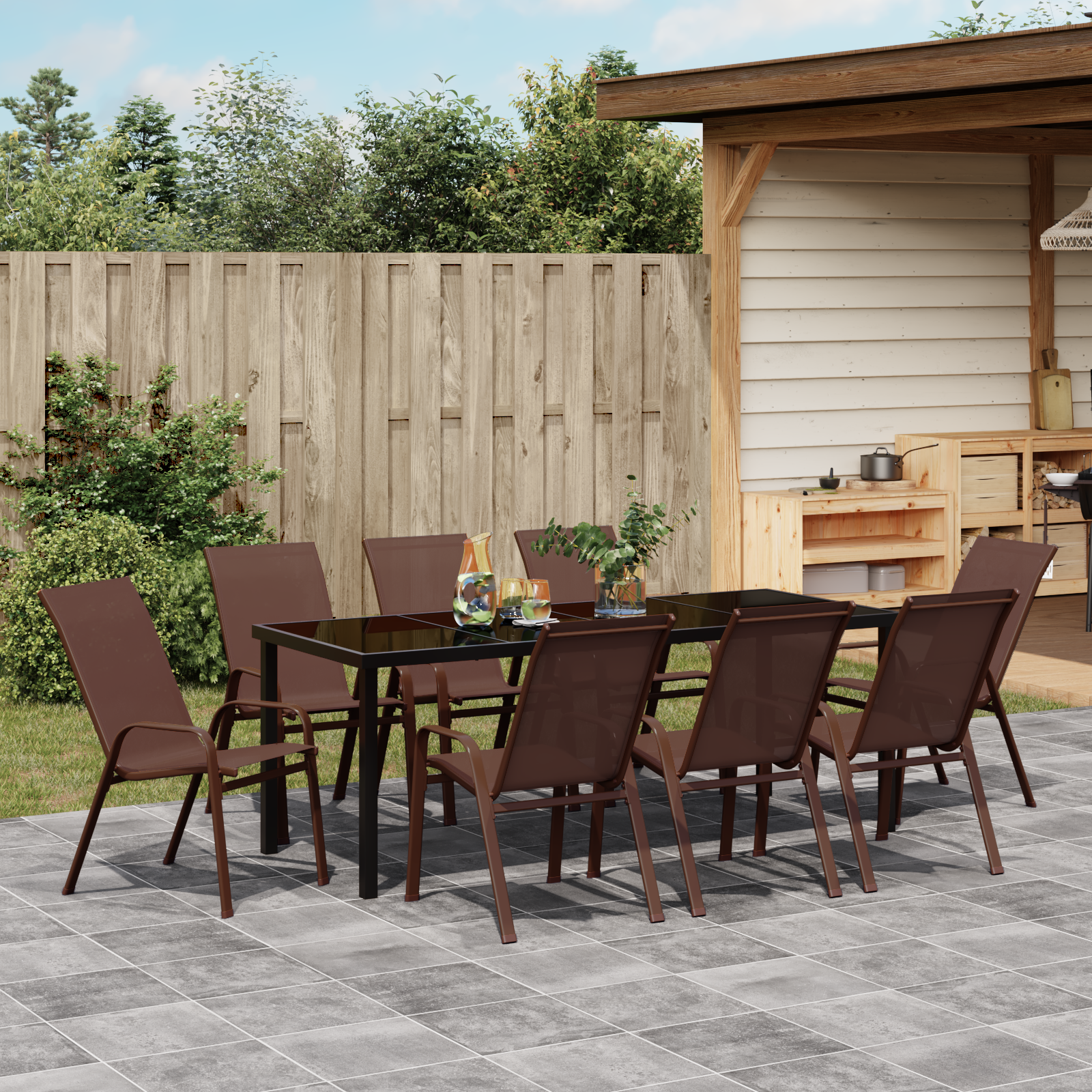 9 части градински комплект за хранене кафяв текстилен и стомана - Image 4