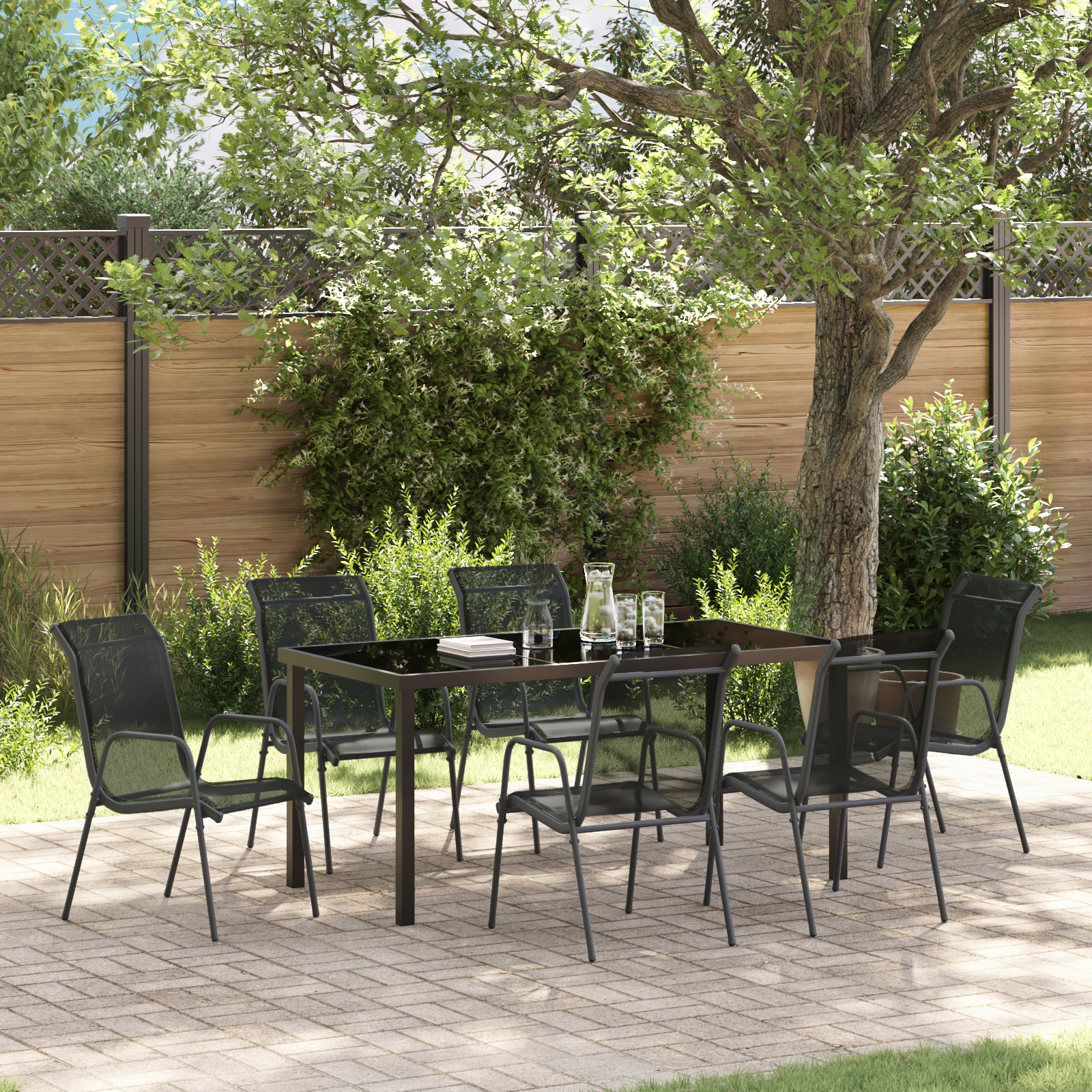 Thumbnail - vidaXL 7-teiliges Garten-Esszimmer-Set in Schwarz aus Textilene und Stahl
