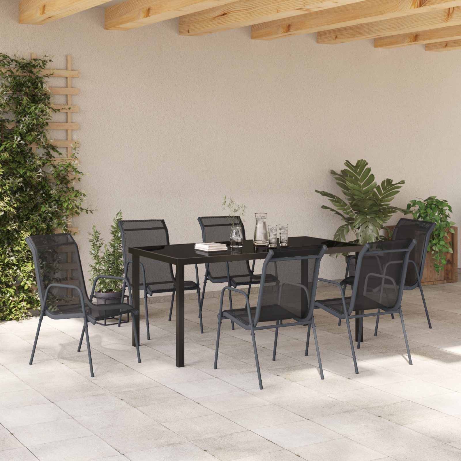 7-те части на градински комплект за хранене Черен текстил и стомана - Image 4