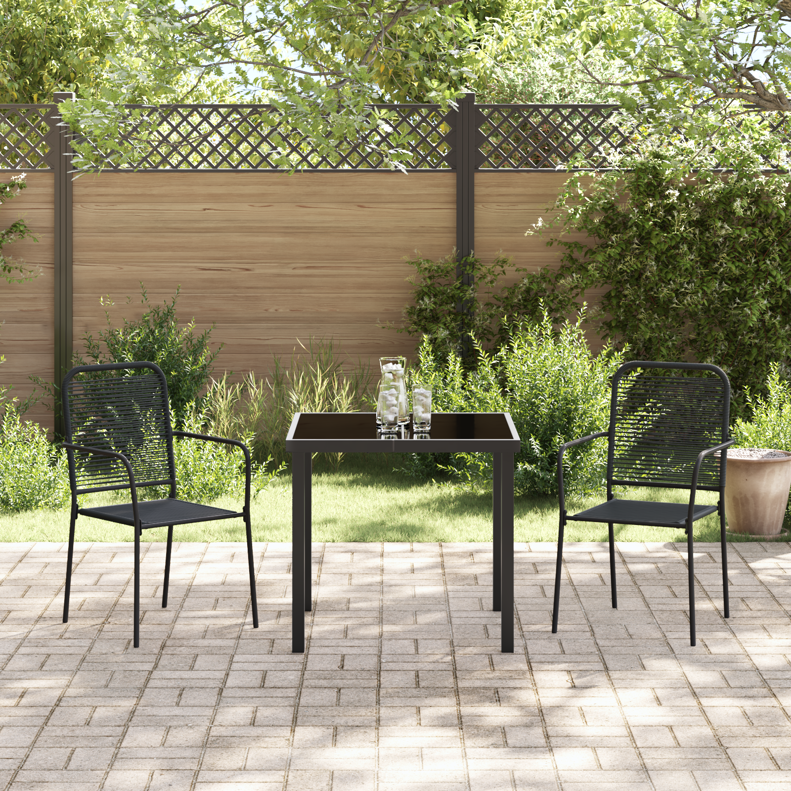3 Piece Garden Dining Set Black Cotton Rope and Steel - Image 4