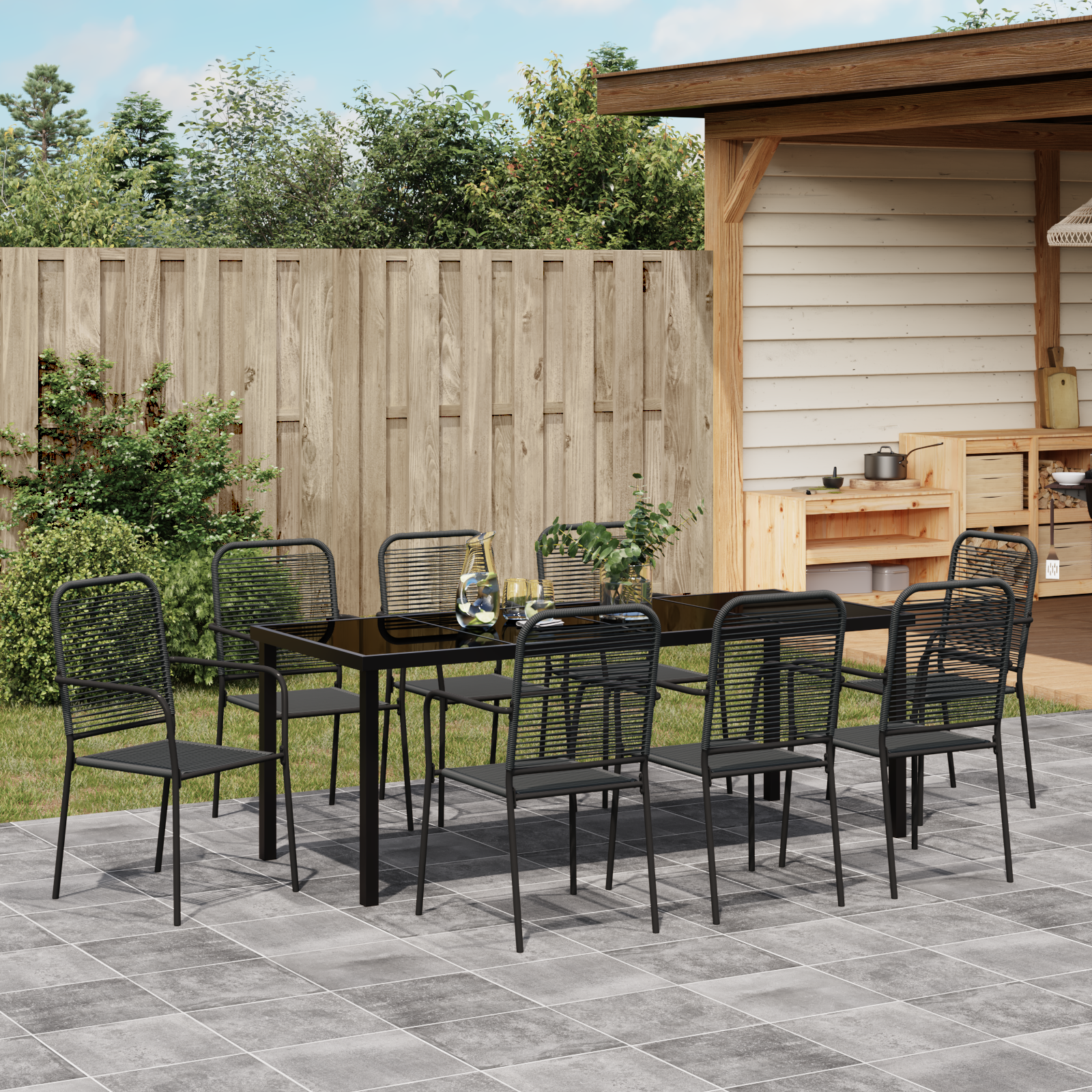 комплект за градинска обедна зона от 9 части Черен Памучно въже и стомана - Image 4