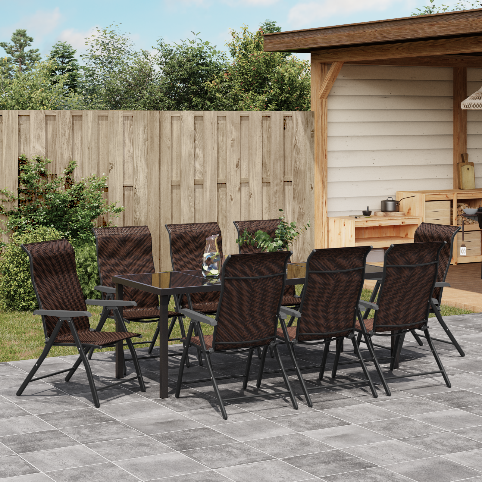 9-частен комплект градинска маса Кафяв Поли ратан - Image 4