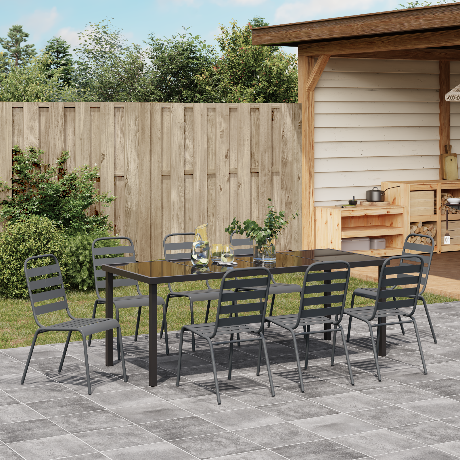 9 Членен Комплект за Градинско Хранене Тъмен Сив Стомана - Image 4