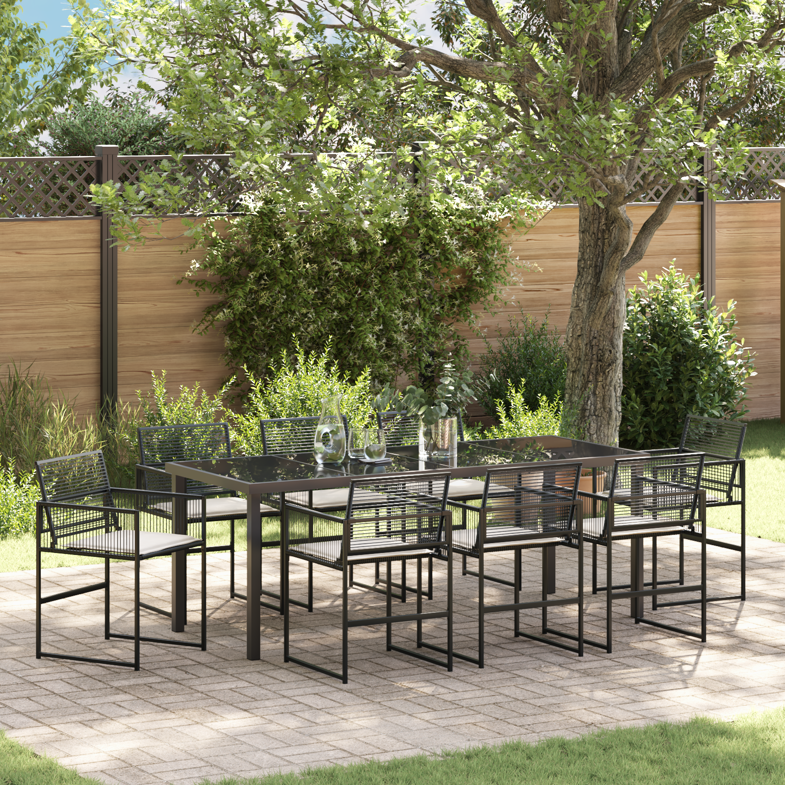 9 Часов комплект градинска трапезария с възглавници Черен Полиране ратан