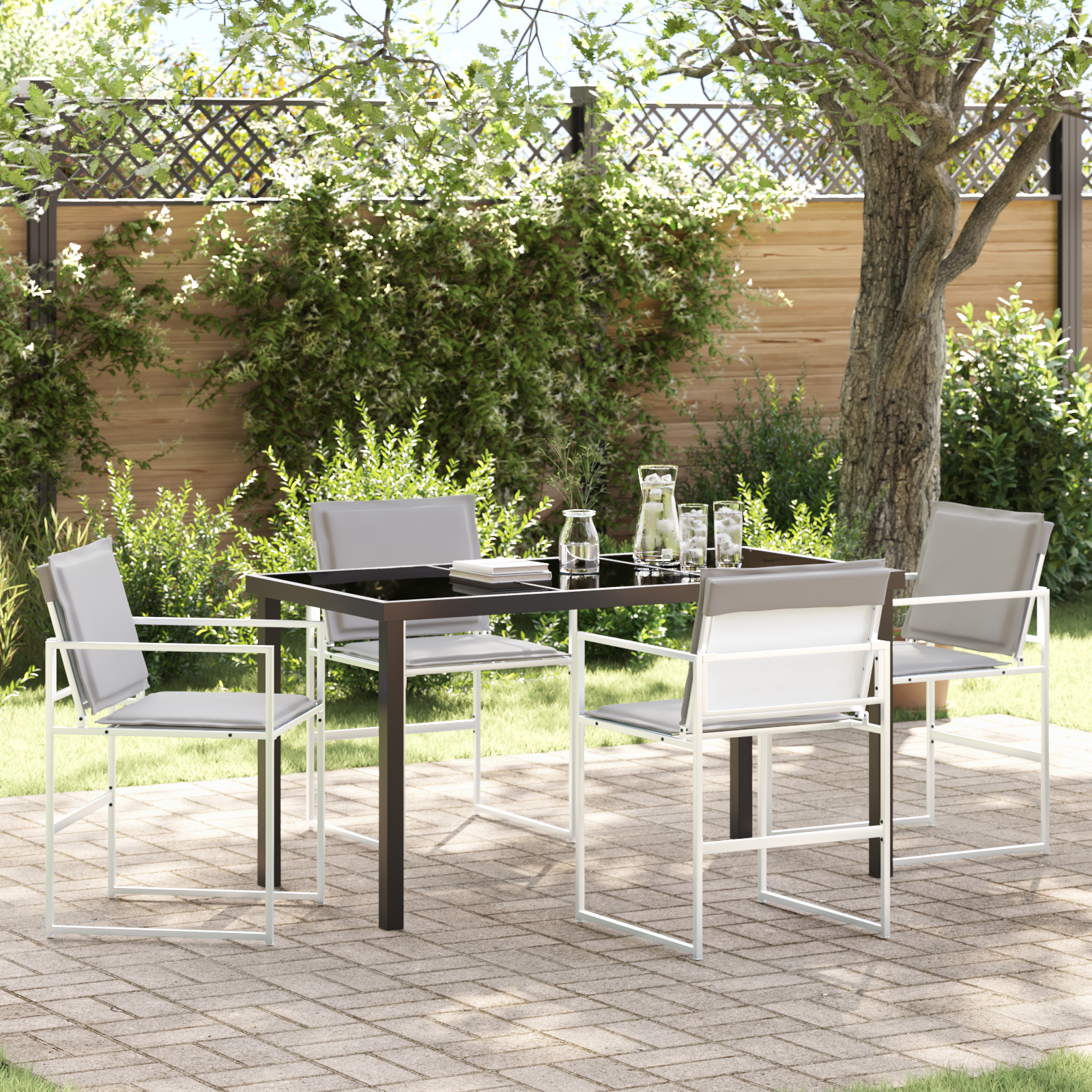 5 Piece Garden Dining Set with Cushions White Textilene and Steel