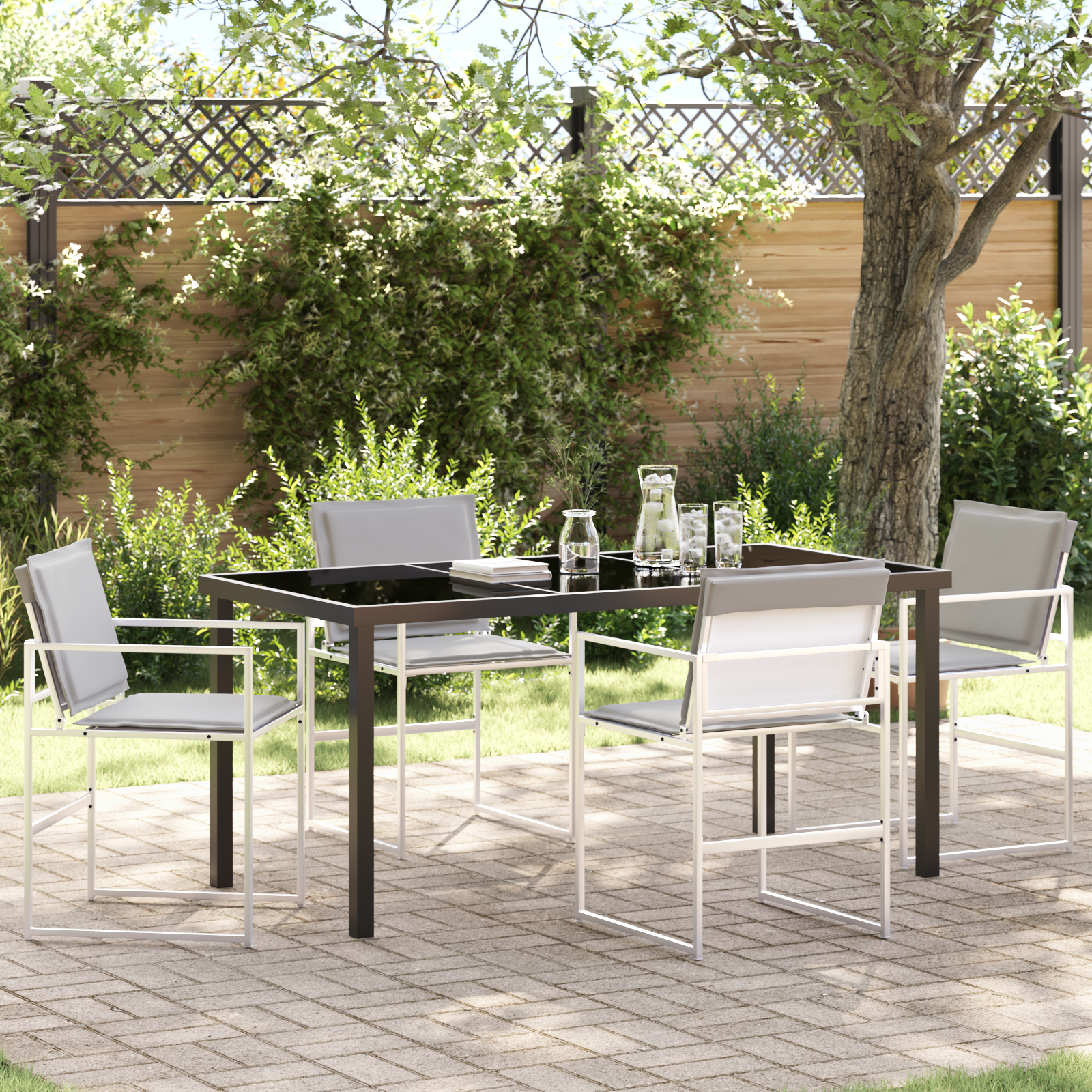5 Piece Garden Dining Set with Cushions White Textilene and Steel