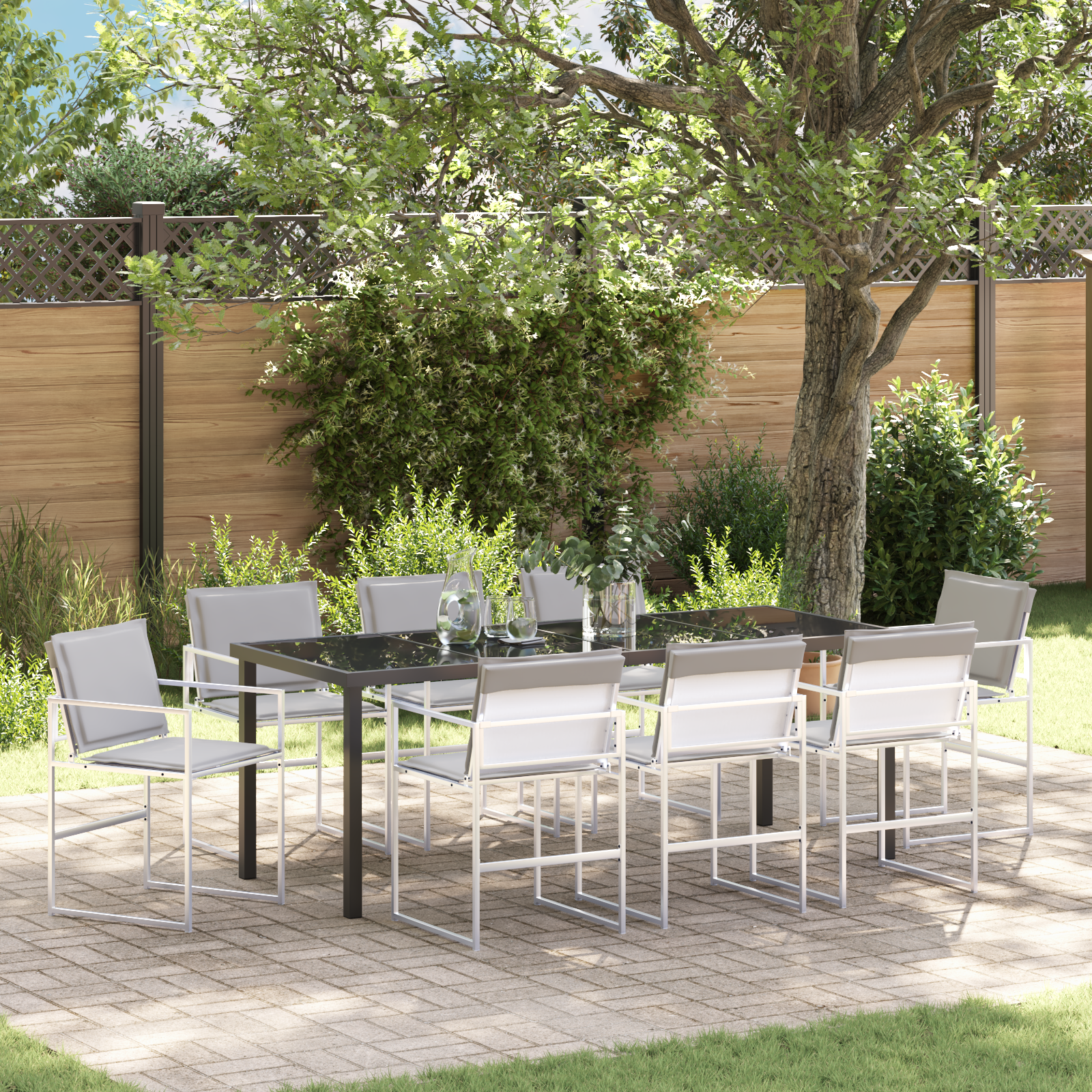 9 dalių sodo valgomojo komplektas su pagalvėlėmis baltas tekstilenas ir plienas