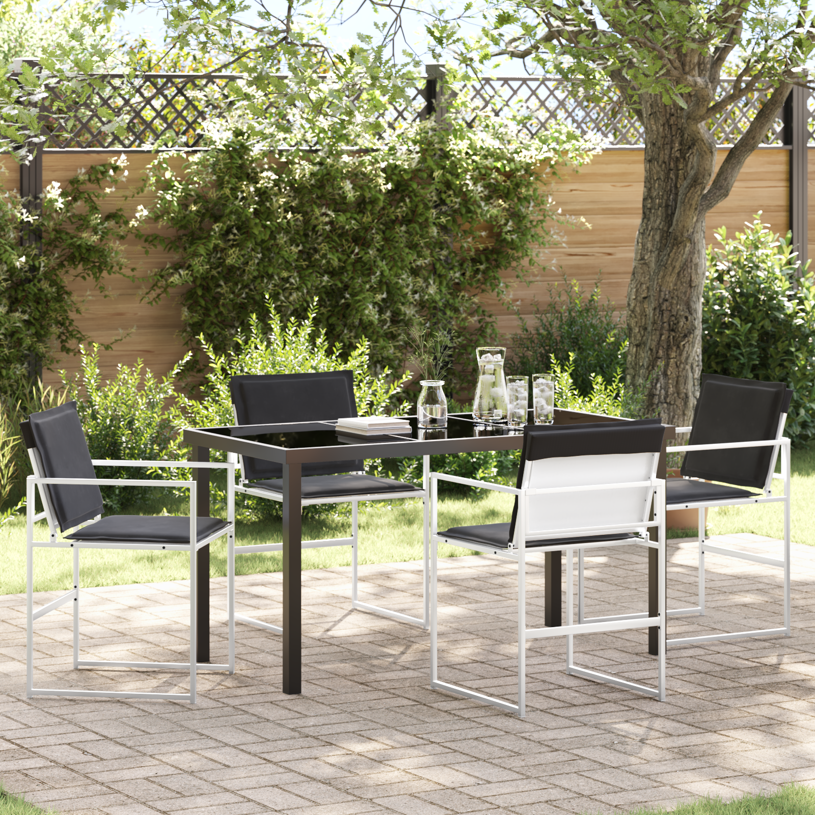 5 Piece Garden Dining Set with Cushions White Textilene and Steel